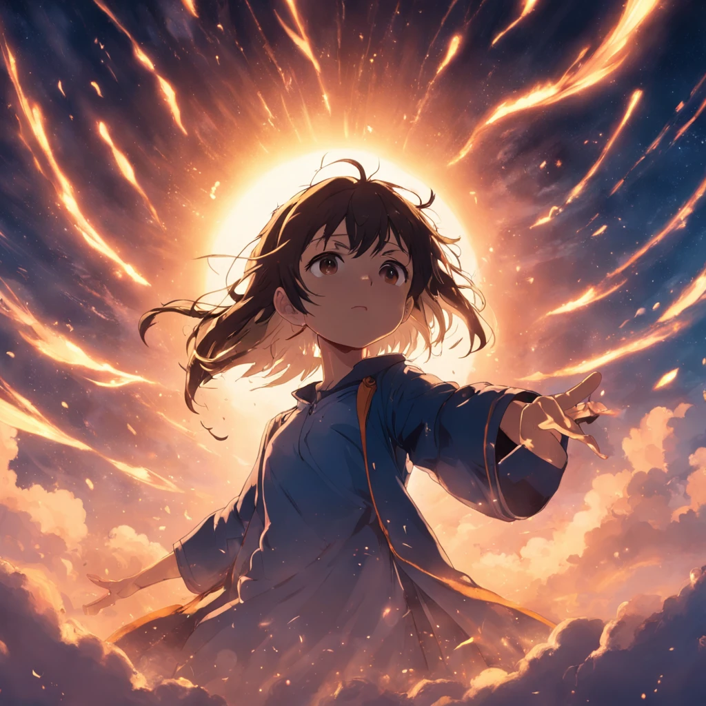 obra-prima, melhor qualidade, filme ainda, dj, Deejay floating in the sky, close-up, brilhante, feliz, Soft lighting and Warm, sun sunset, (Sparks: 0,7)