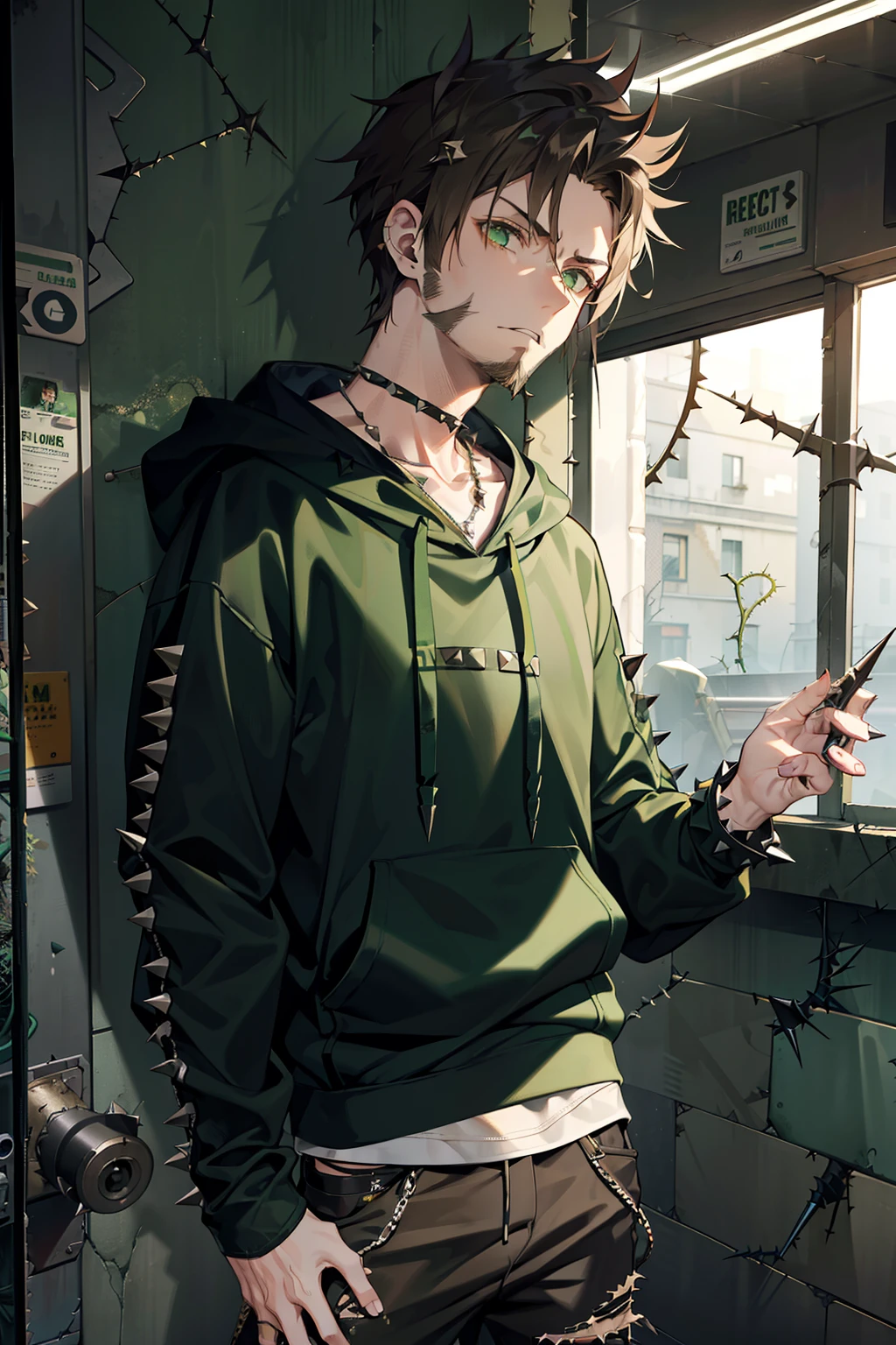 1 guy, tired expression, spiky brown hair, green eyes, facial hair, dirty green hoodie, ((thorns and spikes on the hoodie)), spike bracelets, ripped jeans, spiked shoes, standing in an abandoned subway