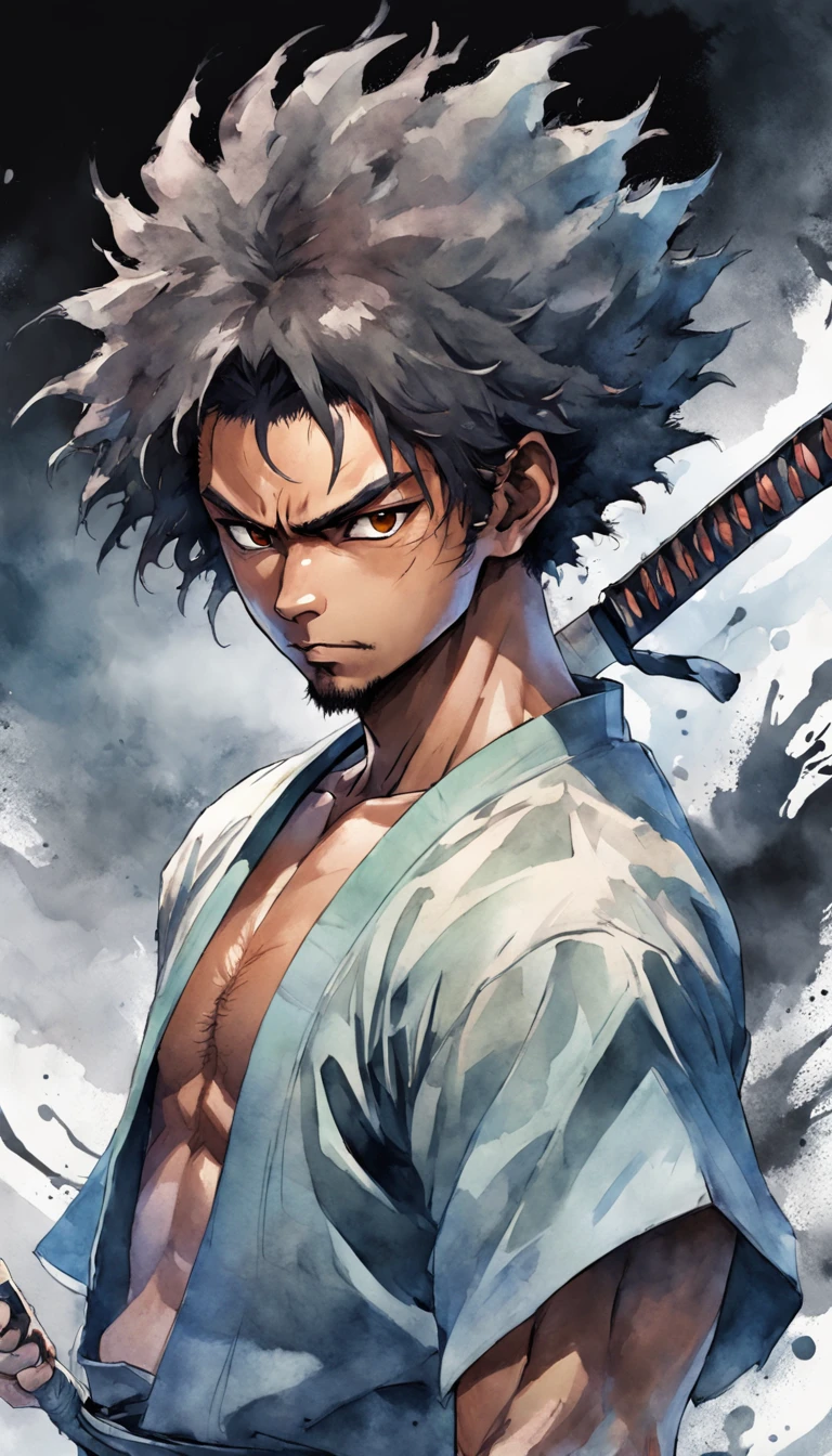 Cutesexyrobutts style, afro, sword, weapon, 1boy, male_focus, solo, katana, dark_skin, headband, photo_background, samurai, dark-skinned_male, black_hair, realistic, japanese_clothes, sheath