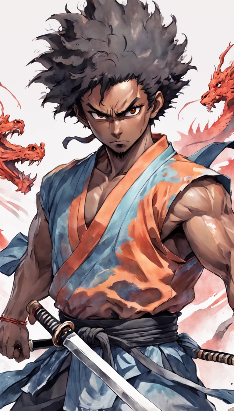 T-shirt design, illustration watercolor, center art, fierce dragon background, watercolor painting style, Afuro Samurai) is a Japanese independent seinen manga (dōjinshi) criado por Takashi Okazaki, samurai_ (Afro samurai anime), weapon, 1man 38 years, solo, male focus, sword, greyscale, afro hair, manly, fierce, holding, scar on face, upper body, incredibly strong, rita rossweisse, gothic colors, mood of tension and terror, Artlist_Milli-Liter, watercolor style, ink style, sketch style, hand-painted lines , Edge line, ink mark, Pencil line, vivid colors, super realistic, textured skin