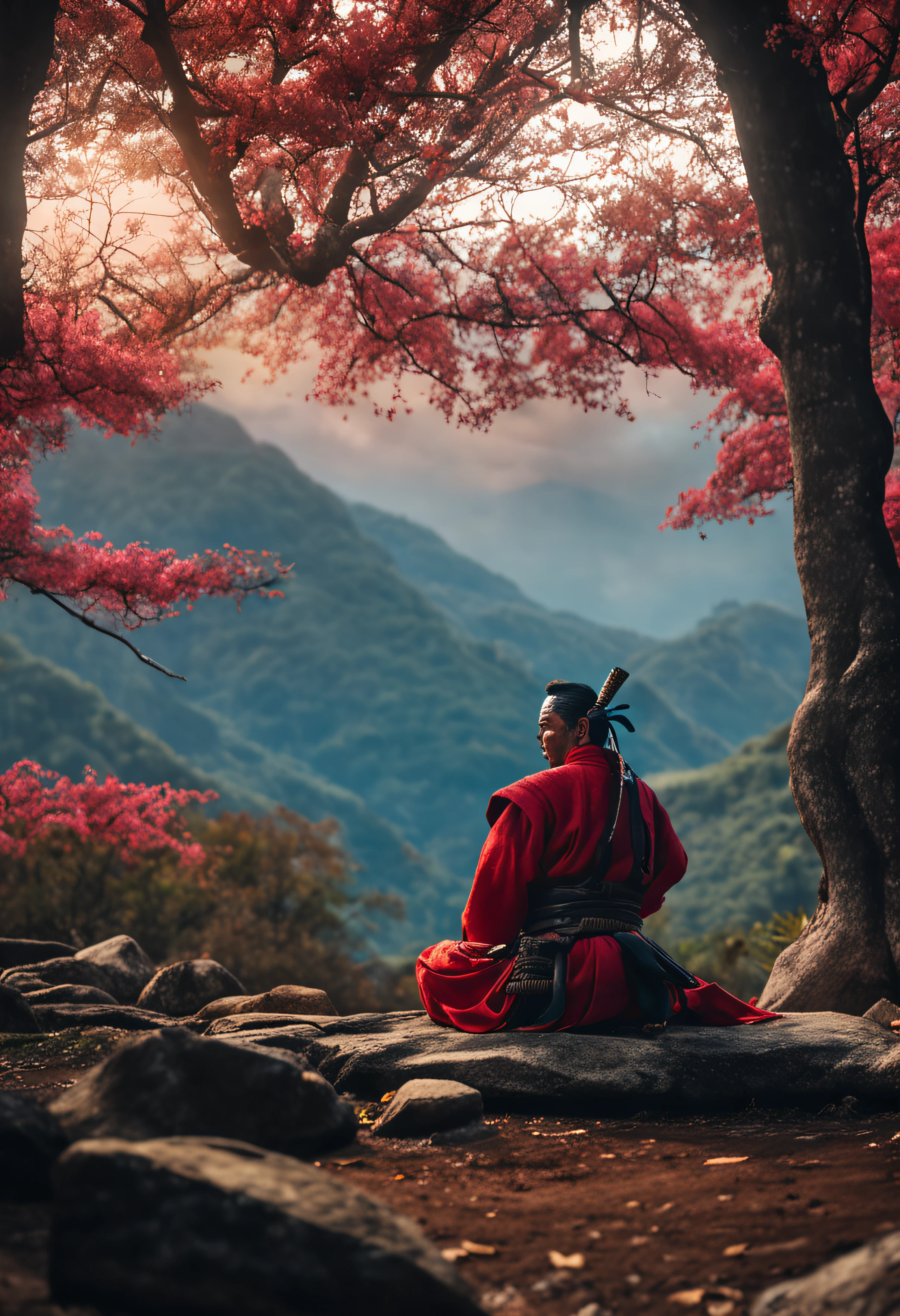SAMURAI REALISTA MEDITANDO DE JOELHOS (obra-prima) (8k high resolution) (melhor qualidade) (Ultra Definition) (Ultra realista)(Foto RAW) (Foto realista) (bright illumination)