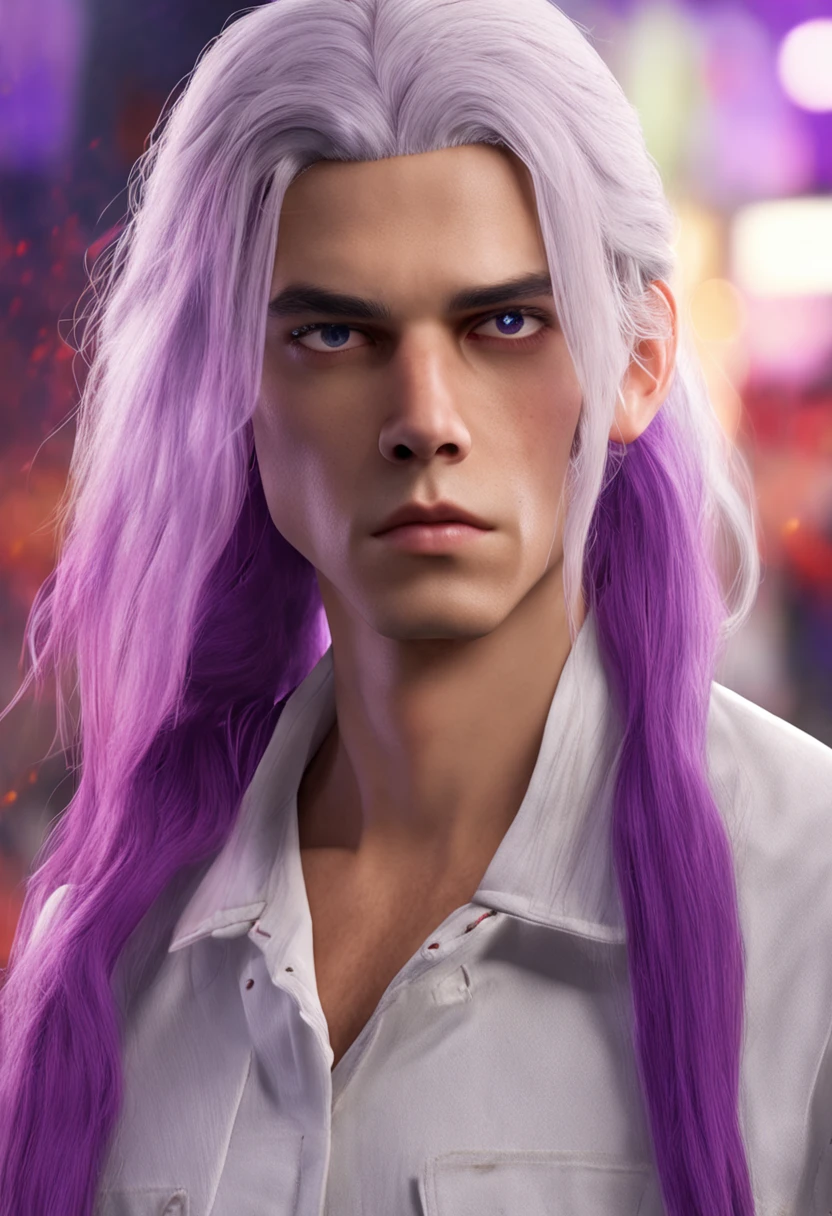  guy, long ponytail white hair hair, purple eyes, turtleneck