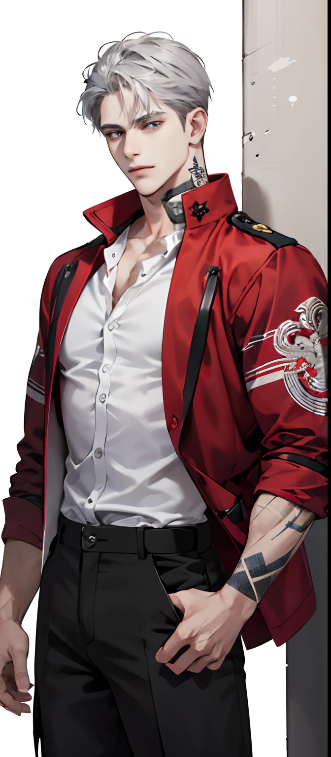 A close up of a person wearing a red jacket and black pants - SeaArt AI