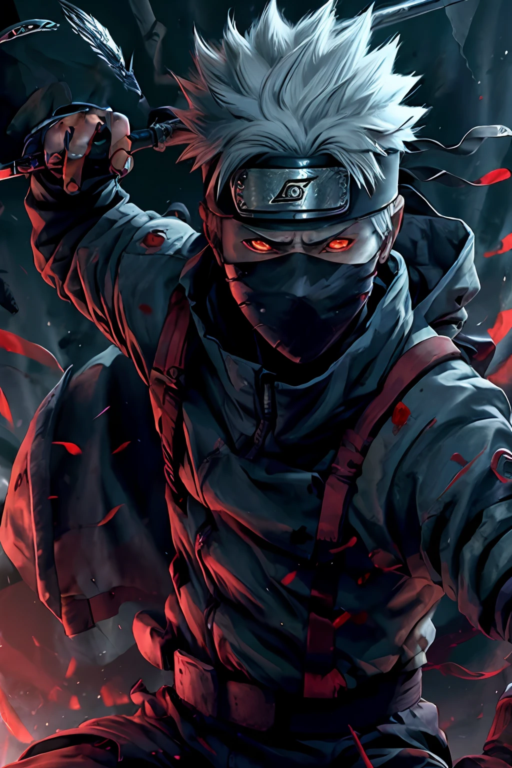 kakashi, 1boy, male focus, solo, glowing, red eyes, ninja, weapon, glowing eyes, holding, looking at viewer, fingerless gloves, gloves, holding weapon, sword, black gloves