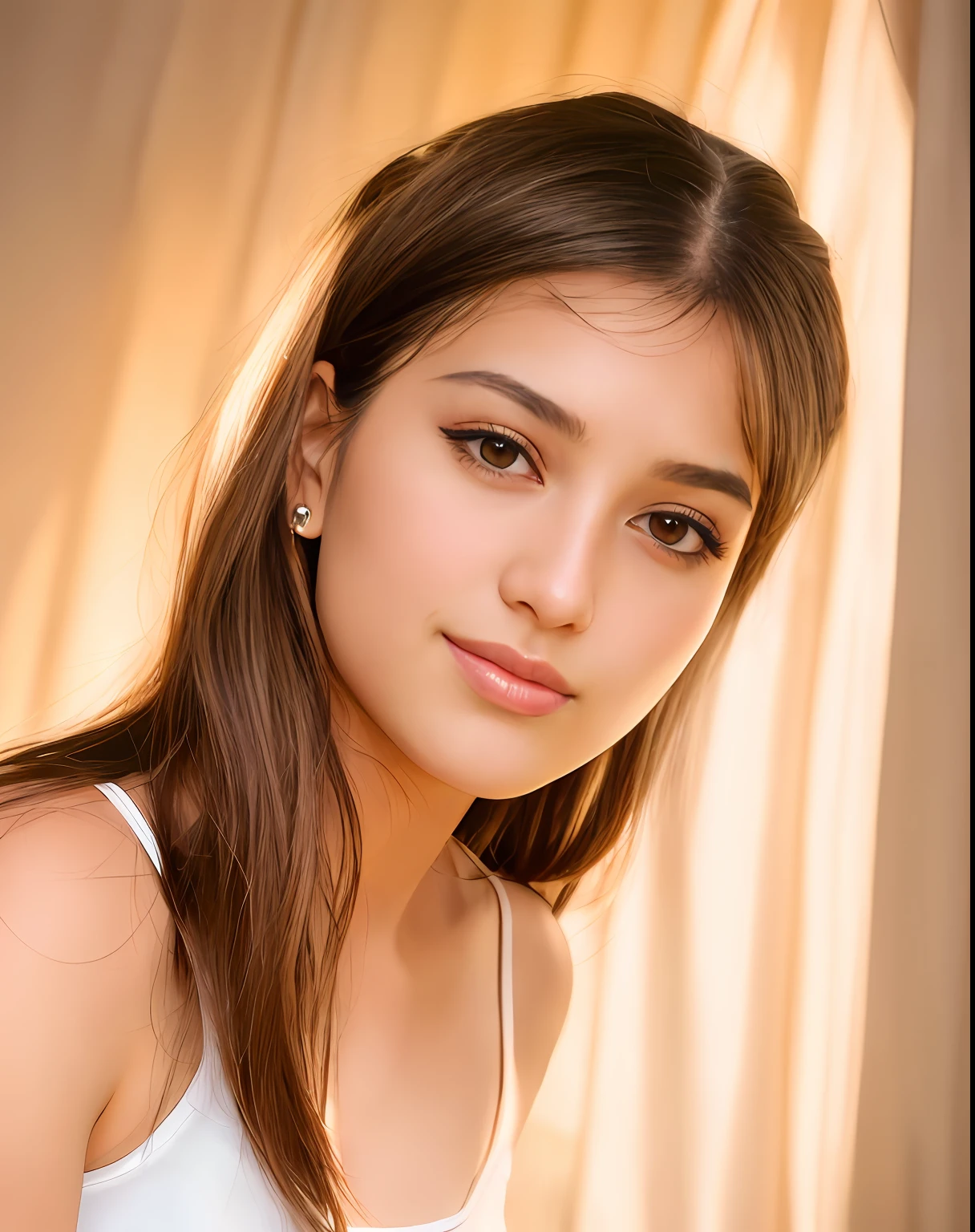 arafed woman with long hair and a white tank top posing for a picture, portrait sophie mudd, flawless olive skin, beautiful face and flawless skin, sexy face with full makeup, medium portrait soft light, portrait of a beautiful model, asymmetrical face, indian girl with brown skin, soft portrait shot 8 k, full face close up portrait, medium close up portrait