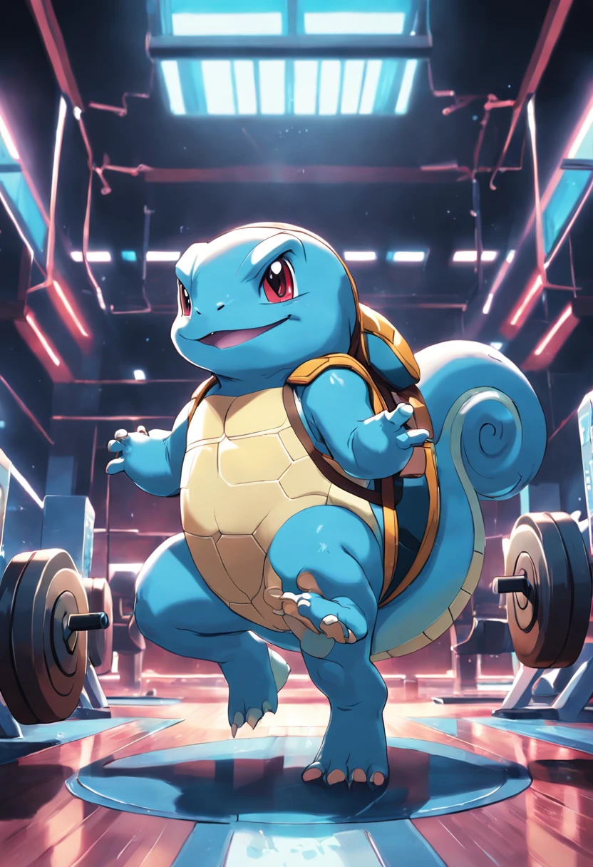 A Squirtle doing intensive weight training in a gym.