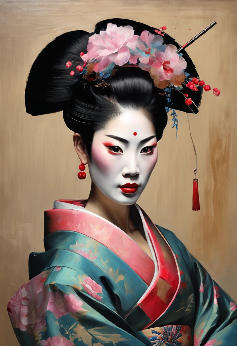 Painting of a geisha woman with a sword in her hand, Portrait de geisha, Portrait of a geisha, Beauty Geisha, geisha, Geisha japonaise, Portrait of a beautiful geisha, Coiffure Geisha, Art japonais, Samurai portrait, Portrait photo de geisha, Geisha described as Japanese, Style artistique japonais, inspired by Toyohara Kunichika