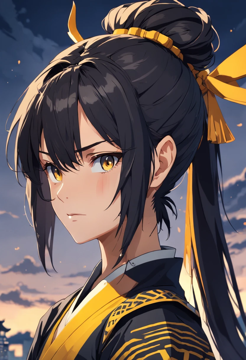 (master part, Qualidade Superior, best quality),detalhes do rosto, pixel, Pixel Art,1st grade,16 anos. velho corpo inteiro, Samurai amarelo, Roupas Black Mix, pale-skinned boy, olhos amarelos, cabelos pretos, Medium-sized ponytail, cara calma, macho,