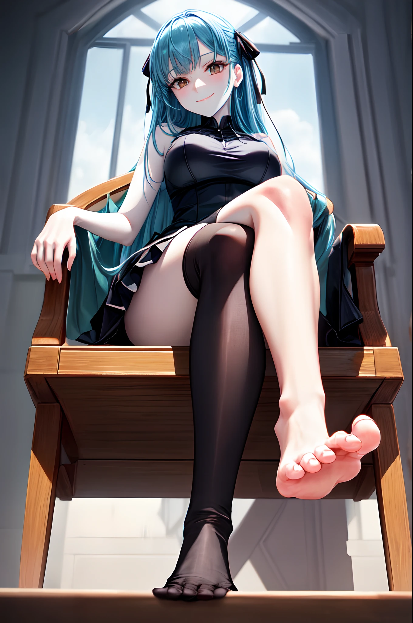 (((presenting foot))), foot towards camera, foot towards viewer, from below, (black thighhighs), showing foot to viewer, (presenting foot), looking at viewer, from below, (hand on own thighs), eyelashes, (pale skin:1.4), anime style, masterpiece, 8k, sharp details, 1girl, solo, light blue hair, full body black dress with skirt, mature female, medium breasts, black side twin hair ribbon, brown eyes, long hair, sleeveless, closed mouth, crossed legs, light smile, sitting