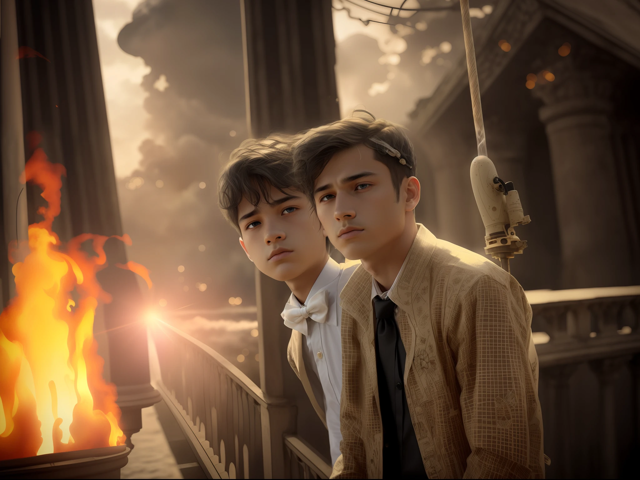 masterpiece,best quality, illustration,{beautiful detailed boy},beautiful detailed glow,(flames of war:1.2),(nuclear explosion behide:1.3),rain,detailed lighting,detailed water,(beautiful detailed eyes:1.1),expressionless,palace,azure hair,disheveled hair,long bangs,hairs between eyes,(whitegrey dress:1.1),black ribbon,white bowties,midriff,big forhead,blank stare,flower,long sleeves