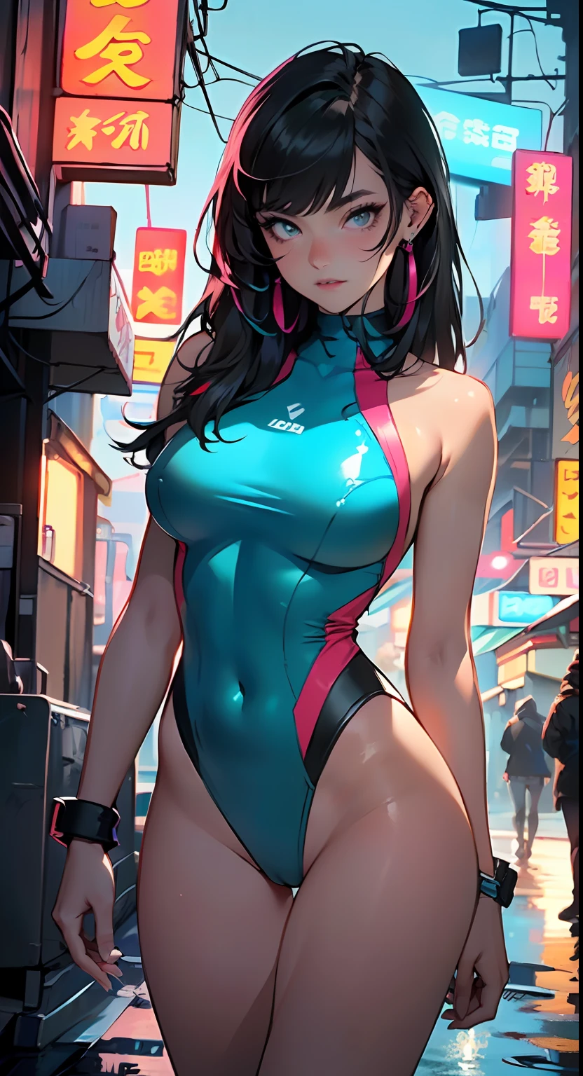 sporty girl with Asian features,(((1girl))),((anime girl with dark hair and turquoise highlights,extremely cute and beautiful walking seductively down the street)),
(large breasts:1.4),saggy breasts,(((Black hair with turquoise streaks:1.35,straight hair,long hair:1.4,colored inner hair,ear breathing))),((heterochromia,eye1 blue,eye2 turquoise,perfect eyes,upturned eyes:1.3,beautiful detailed eyes,finely detailed beautiful eyes:1,big highlight on eyes:1.2,slanted eyes)),((fat)),(((lustrous skin:1.5,bright skin: 1.5,skin tanned,shiny skin,very shiny skin,shiny body,plastic glitter skin,exaggerated shiny skin))),(spider lower abdomen,narrow waist,wide hip,athletic body,inflated legs,delicate detailed fingers,detailed body,detailed arms,human hands,(detailed face)),
cute,slutty,seductive,erotic,(((nsfw))),
((one-piece_swimsuit magenta)),(wearing a one-piece_swimsuit outfit:1.3),(detailed outfit,detailed clothes),
(dynamic pose:1.0),embarrassed,centered,scale to fit dimensions,Rule of thirds,
outdoors,((night view)),(very pretty city neon synthwave,cyberpunk night street Background:1.5,dark sky,thick clouds),future vehicles,((neon lights)),thick clouds,(cyberpunk style,neon lights, (synthwave theme background), lonely street),(((detailed background:1.25))),
(best quality),(high resolution),(sharp focus),(ultra detailed),(extremely detailed),(extremely high quality artwork),8k_wallpaper,(extremely detailed CG 8k),(very fine 8K CG),((hyper super ultra detailed perfect piece)),flawless,(((masterpiece))),illustration,vibrant colors,(intricate),High contrast,Selective lighting,Double exposure,HDR (High Dynamic Range),Post-processing,Background blur,