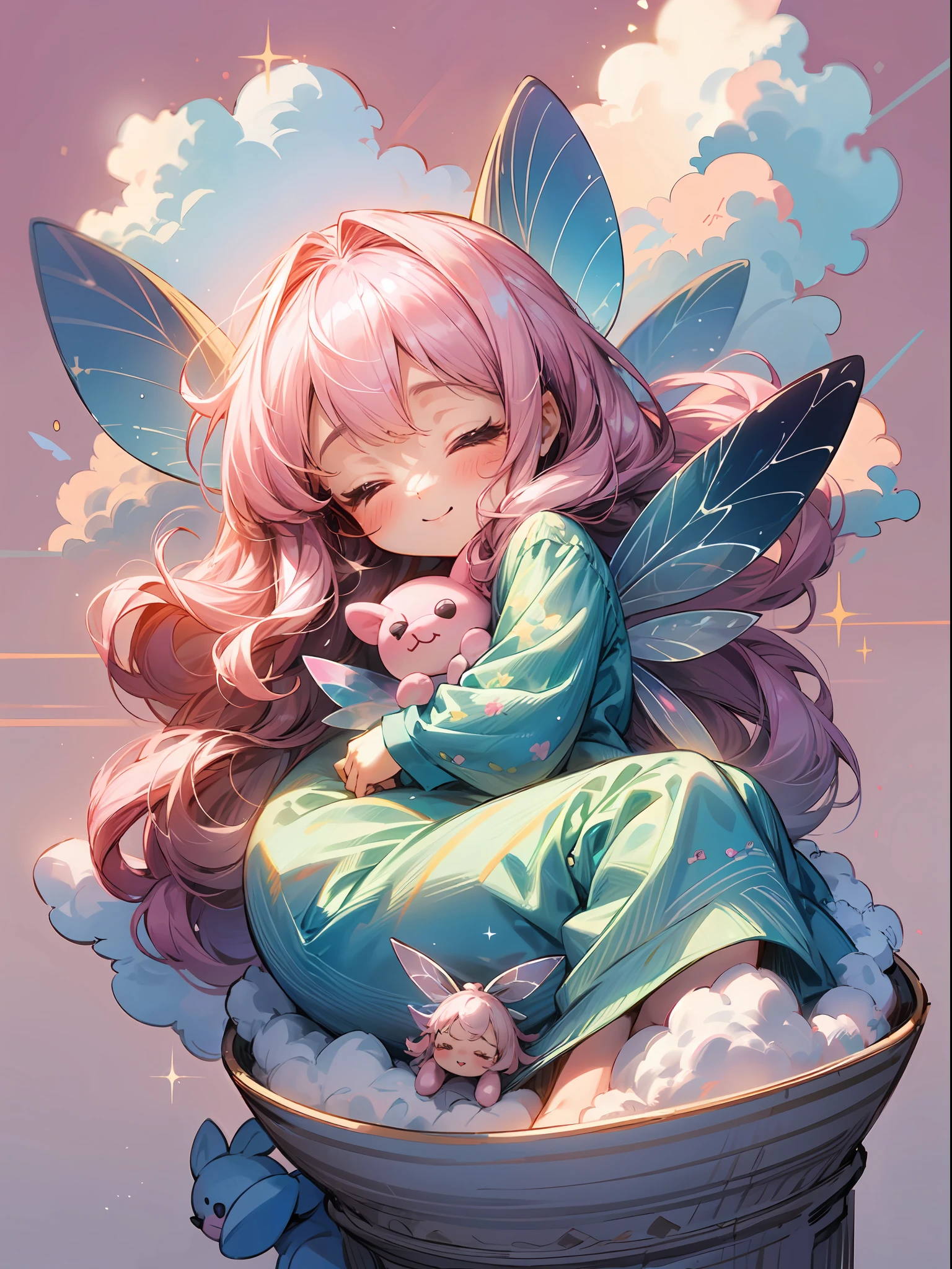 photoRealstic、Drawing of a ((cute soft toy fairy)) sleepy on a cloud, beautiful soft scanery ((pink and blue sky)),niji,cute ,calm, happy expressions,、cuddle, cute