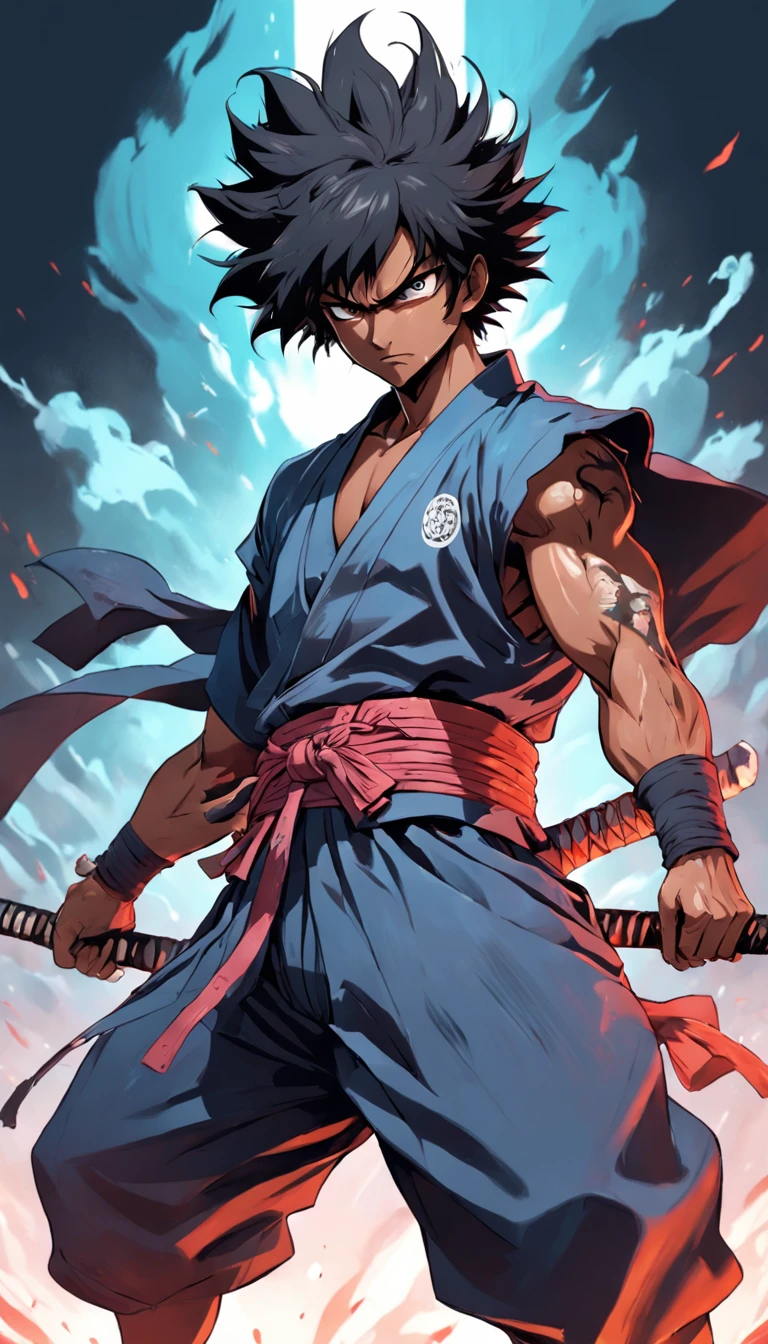 T-shirt design, illustration ultra color, center art, fierce dragon background, Afuro Samurai) is a Japanese independent seinen manga (dōjinshi) criado por Takashi Okazaki, samurai_ (Afro samurai anime), weapon, 1man 38 years, solo, male focus, sword, greyscale, afro hair, manly, fierce, holding, scar on face, upper body, incredibly strong, rita rossweisse, gothic colors, mood of tension and terror, Artlist_Milli-Liter,style samurai, ink style, sketch style, hand-painted lines , Edge line, ink mark, Pencil line, vivid colors, super realistic, textured skin