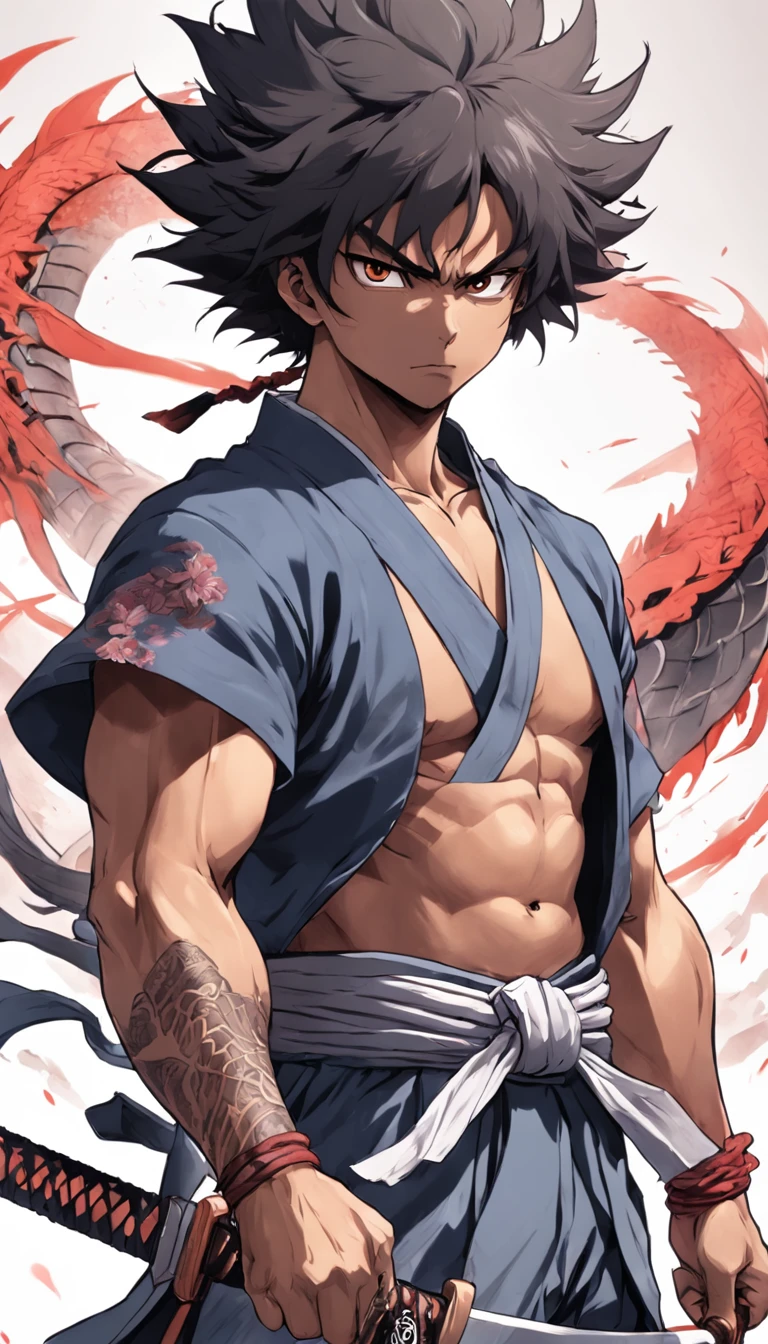 T-shirt design, illustration ultra color, center art, fierce dragon background, Afuro Samurai) is a Japanese independent seinen manga (dōjinshi) criado por Takashi Okazaki, samurai_ (Afro samurai anime), weapon, 1man 38 years, solo, male focus, sword, greyscale, afro hair, manly, fierce, holding, scar on face, upper body, incredibly strong, rita rossweisse, gothic colors, mood of tension and terror, Artlist_Milli-Liter,style samurai, ink style, sketch style, hand-painted lines , Edge line, ink mark, Pencil line, vivid colors, super realistic, textured skin