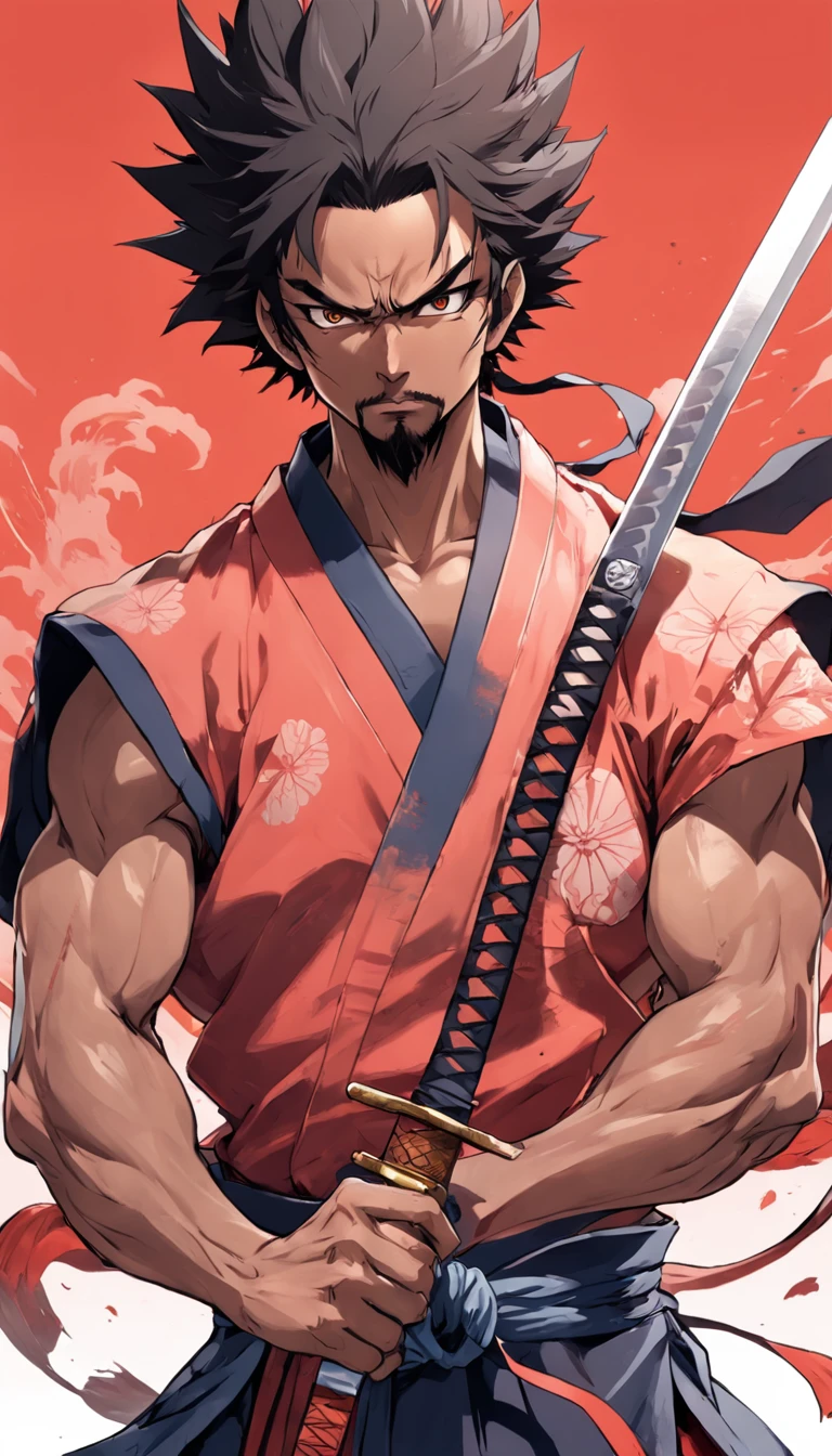 T-shirt design, illustration ultra color, center art, fierce dragon background, Afuro Samurai) is a Japanese independent seinen manga (dōjinshi) criado por Takashi Okazaki, samurai_ (Afro samurai anime), weapon, 1man 38 years, solo, male focus, sword, greyscale, afro hair, manly, fierce, holding, scar on face, upper body, incredibly strong, rita rossweisse, gothic colors, mood of tension and terror, Artlist_Milli-Liter,style samurai, ink style, sketch style, hand-painted lines , Edge line, ink mark, Pencil line, vivid colors, super realistic, textured skin
