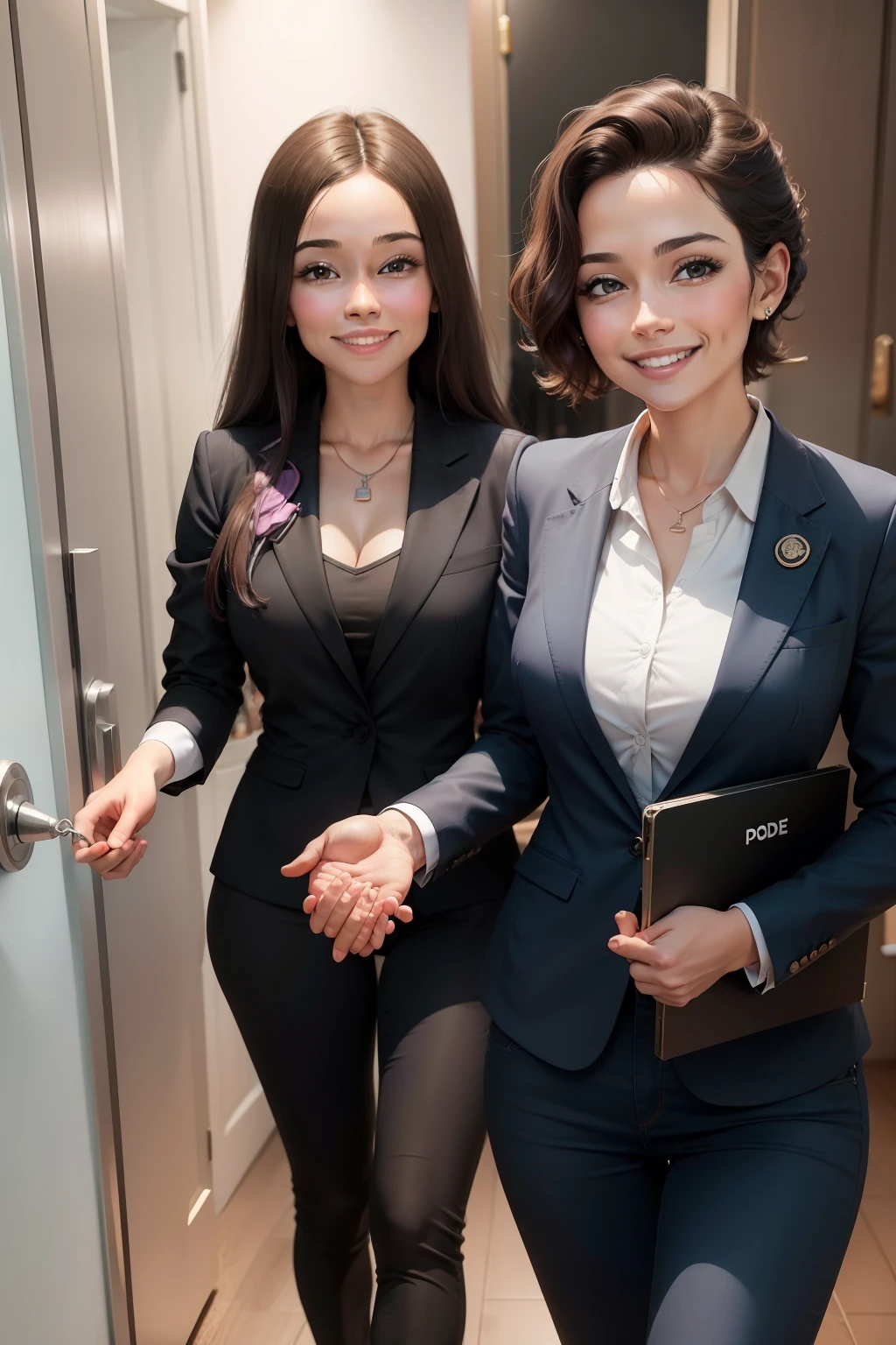 An image of a smiling realtor, holding a bundle of keys in one hand and greeting someone with a handshake in the other. Ao fundo, pode-se ver uma casa moderna e acolhedora.