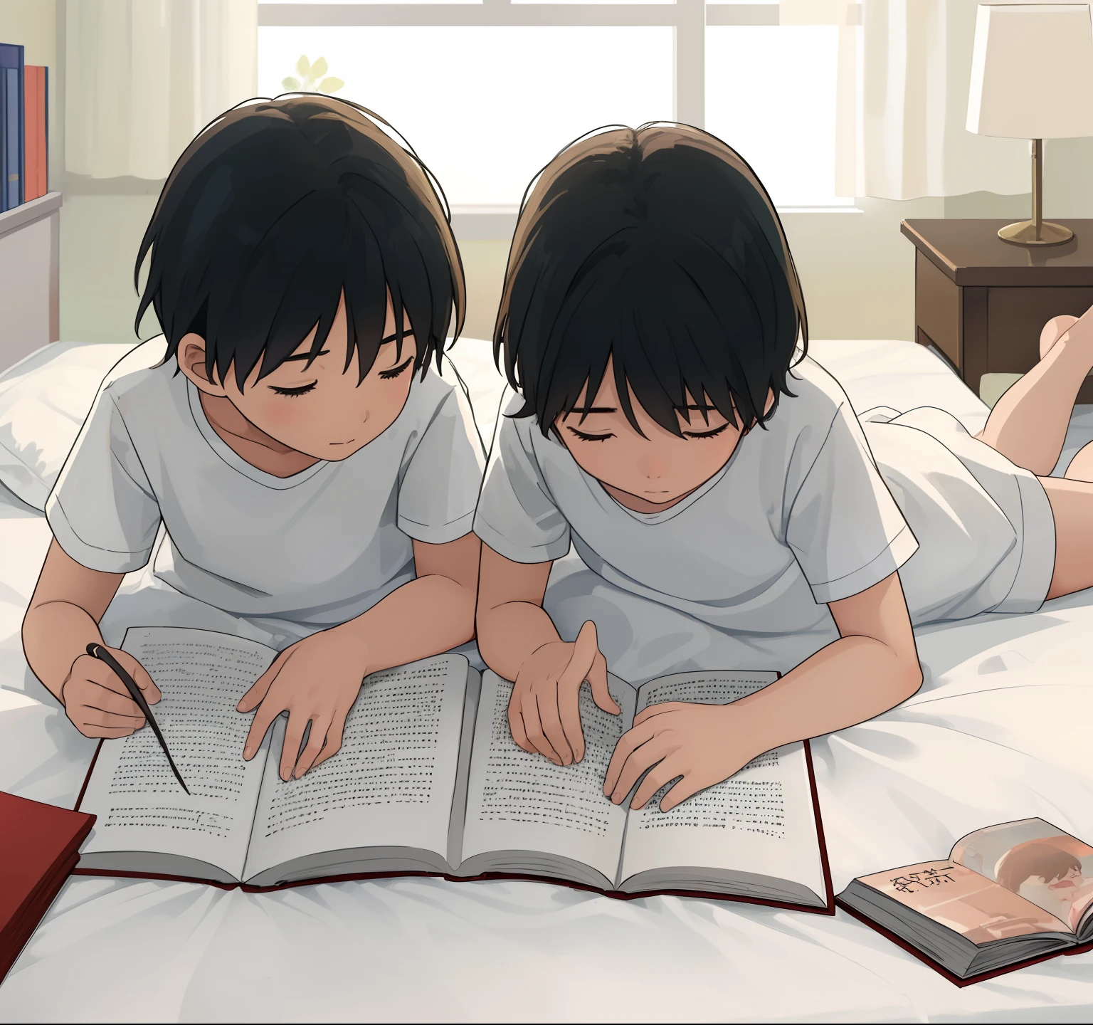 two children reading a book on the bed in a bed room together, reading a book, trying to read, close front view