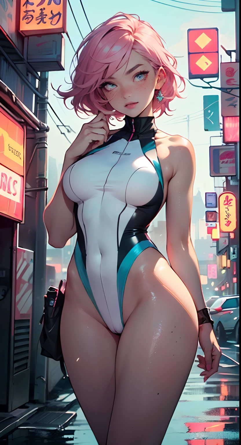 sporty girl,(((1girl))),((anime girl with bubblegum pink hair and freckles,extremely cute and gorgeous seductively walking down the street)),
(large breasts:1.4),saggy breasts,(((bubblegum pink hair:1.35,straight hair,long hair:1.4,colored inner hair,ear breathing))),((heterochromia,eye1 pink,eye2 azul,perfect eyes,upturned eyes:1.3,beautiful detailed eyes,finely detailed beautiful eyes:1,big highlight on eyes:1.2,slanted eyes)),((fat)),(((freckles on the face,freckles,freckled girl))),(((lustrous skin:1.5,bright skin: 1.5,skin tanned,shiny skin,very shiny skin,shiny body,plastic glitter skin,exaggerated shiny skin))),(spider lower abdomen,narrow waist,wide hip,athletic body,inflated legs,delicate detailed fingers,detailed body,detailed arms,human hands,(detailed face)),
cute,slutty,seductive,erotic,(((nsfw))),
((one-piece_swimsuit magenta)),(wearing a one-piece_swimsuit outfit:1.3),(detailed outfit,detailed clothes),
(dynamic pose:1.0),embarrassed,centered,scale to fit dimensions,Rule of thirds,
outdoors,((night view)),(very pretty city neon synthwave,cyberpunk night street Background:1.5,dark sky,thick clouds),future vehicles,((neon lights)),thick clouds,(cyberpunk style,neon lights, (synthwave theme background), lonely street),(((detailed background:1.25))),
(best quality),(high resolution),(sharp focus),(ultra detailed),(extremely detailed),(extremely high quality artwork),8k_wallpaper,(extremely detailed CG 8k),(very fine 8K CG),((hyper super ultra detailed perfect piece)),flawless,(((masterpiece))),illustration,vibrant colors,(intricate),High contrast,Selective lighting,Double exposure,HDR (High Dynamic Range),Post-processing,Background blur,