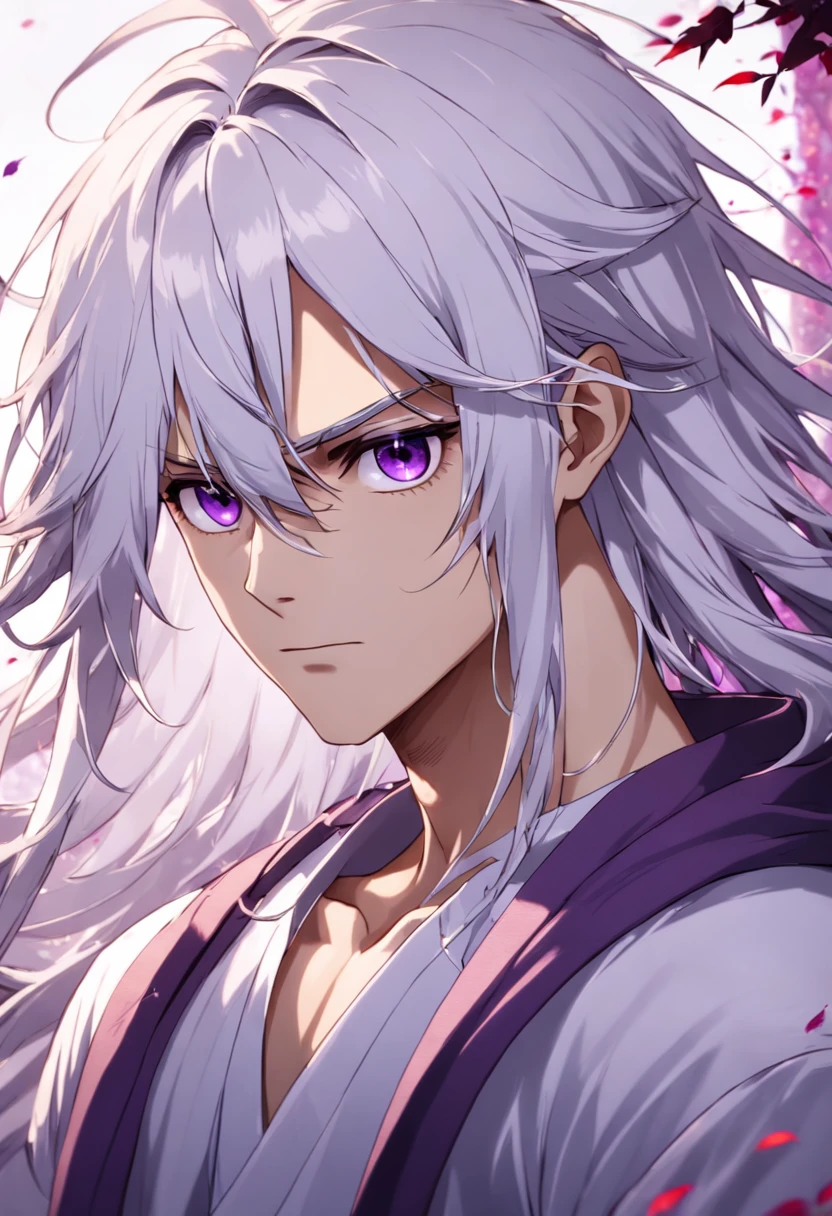 young man, long white hair hair, purple eyes, cardigan