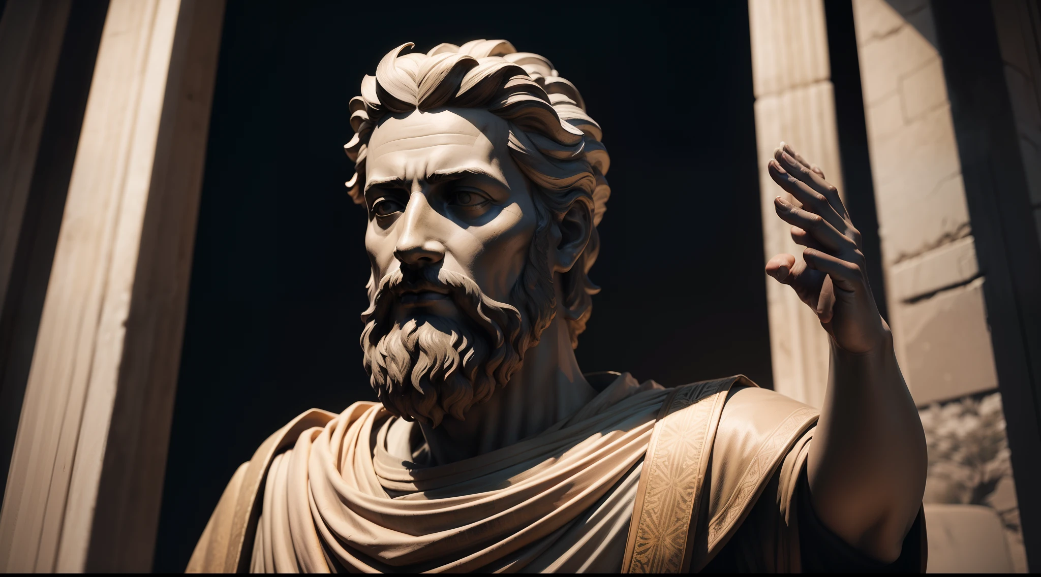 Realistic statue with all black background of ancient philosopher MARCUS AURELIUS IN NATURE, pensativo, obra-prima, melhor qualidade, Textura 8K, altamente detalhados, realista, soft Cinematic Light, HDR, foco nítido, obra-prima, fotorrealista, fotografia premiada, Canon EOS R5, 35 mm.