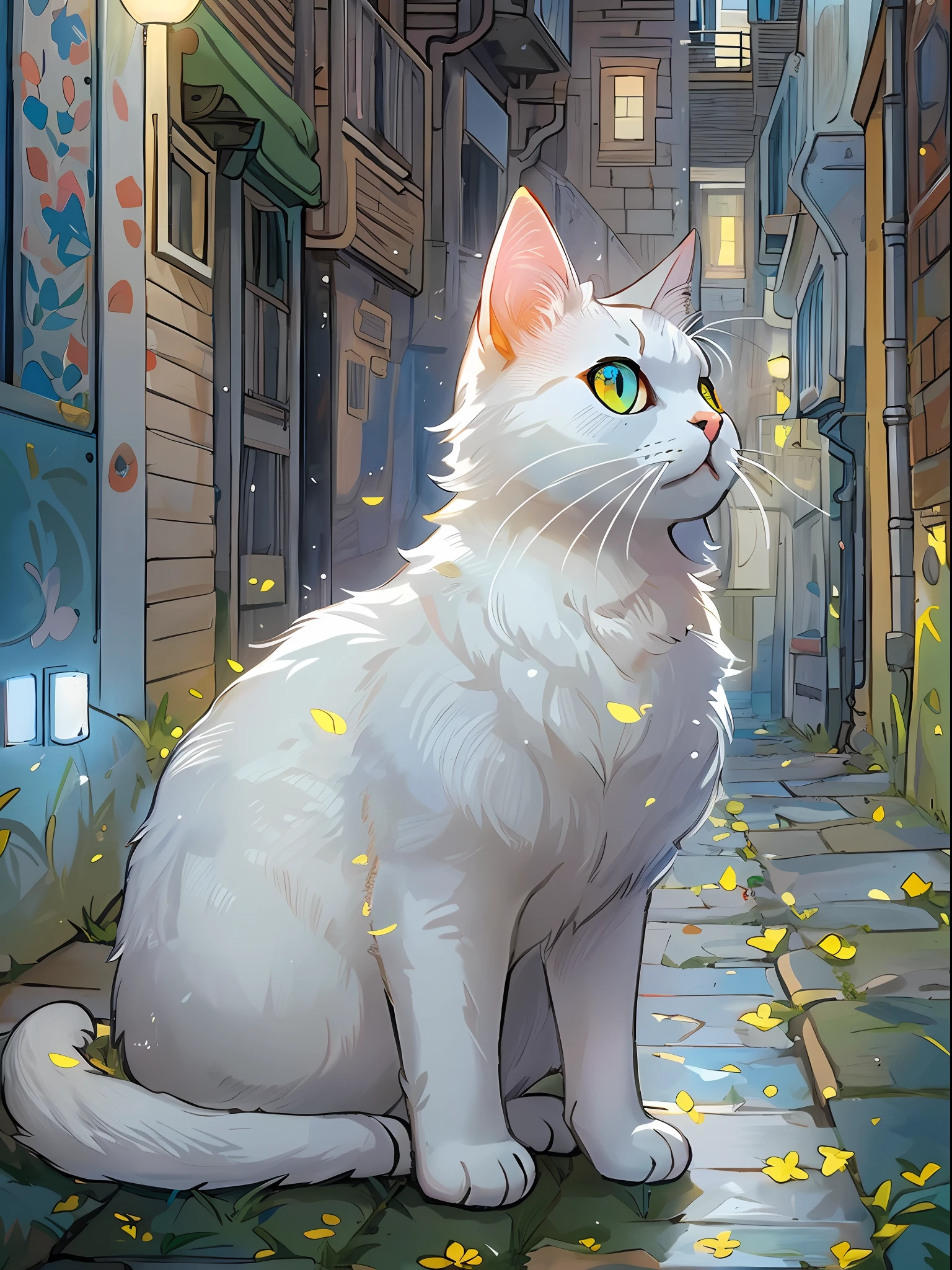 White cat((iridescent)), cute little, big eye, masterpiece, fullmoon, alleyway、With cats