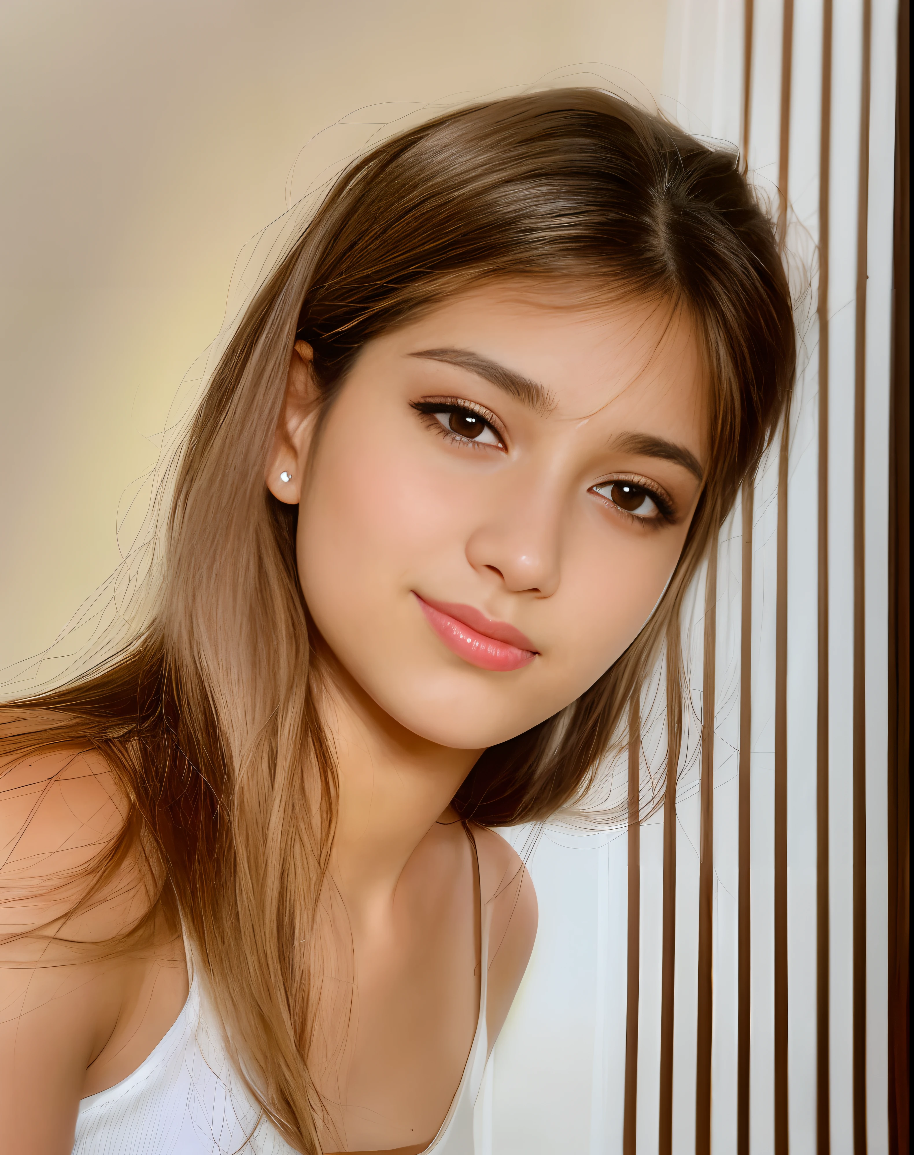 arafed woman with long hair and a white tank top posing for a picture, portrait sophie mudd, flawless olive skin, beautiful face and flawless skin, sexy face with full makeup, medium portrait soft light, portrait of a beautiful model, asymmetrical face, indian girl with brown skin, soft portrait shot 8 k, full face close up portrait, medium close up portrait