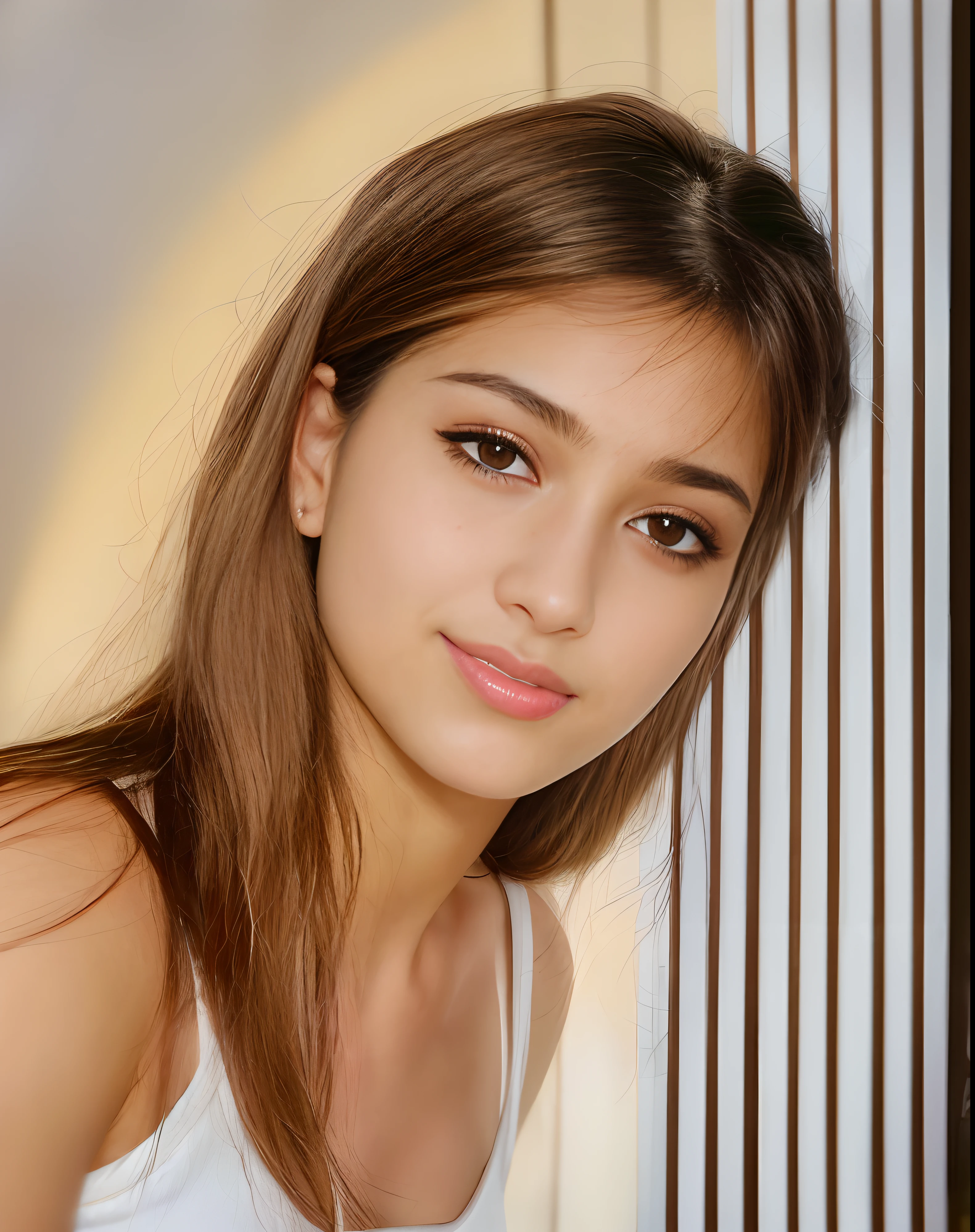 arafed woman with long hair and a white tank top posing for a picture, portrait sophie mudd, flawless olive skin, beautiful face and flawless skin, sexy face with full makeup, medium portrait soft light, portrait of a beautiful model, asymmetrical face, indian girl with brown skin, soft portrait shot 8 k, full face close up portrait, medium close up portrait