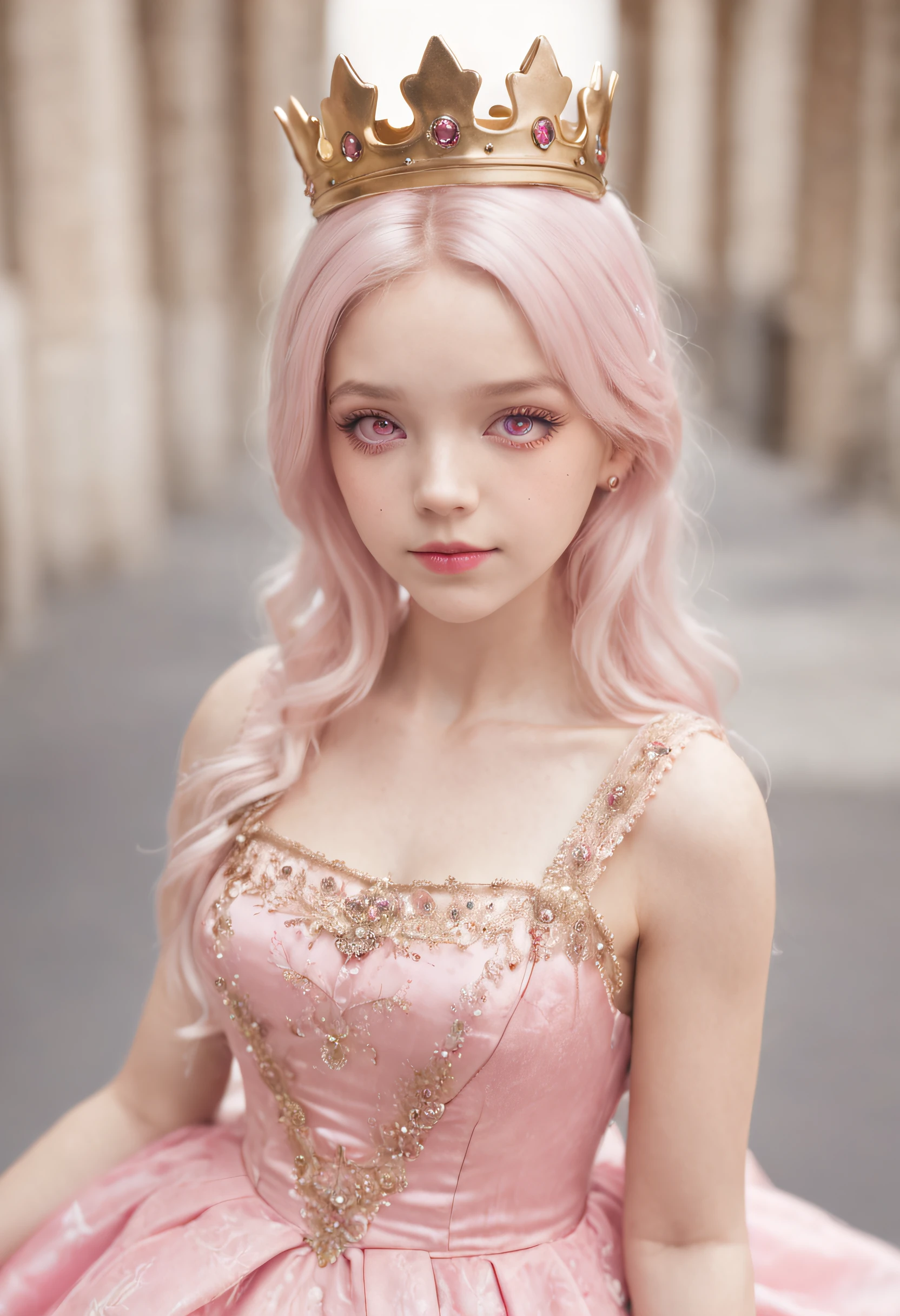 Short Girl Black Pink Eyes Pink Dress Pink 16 Years Princess Royal Dress Crown Away From Her Head Boy 16 Years Wearing Black White Hair Tends To Yellow Red Eyes Bangs Between Eyebrows Cute Boy