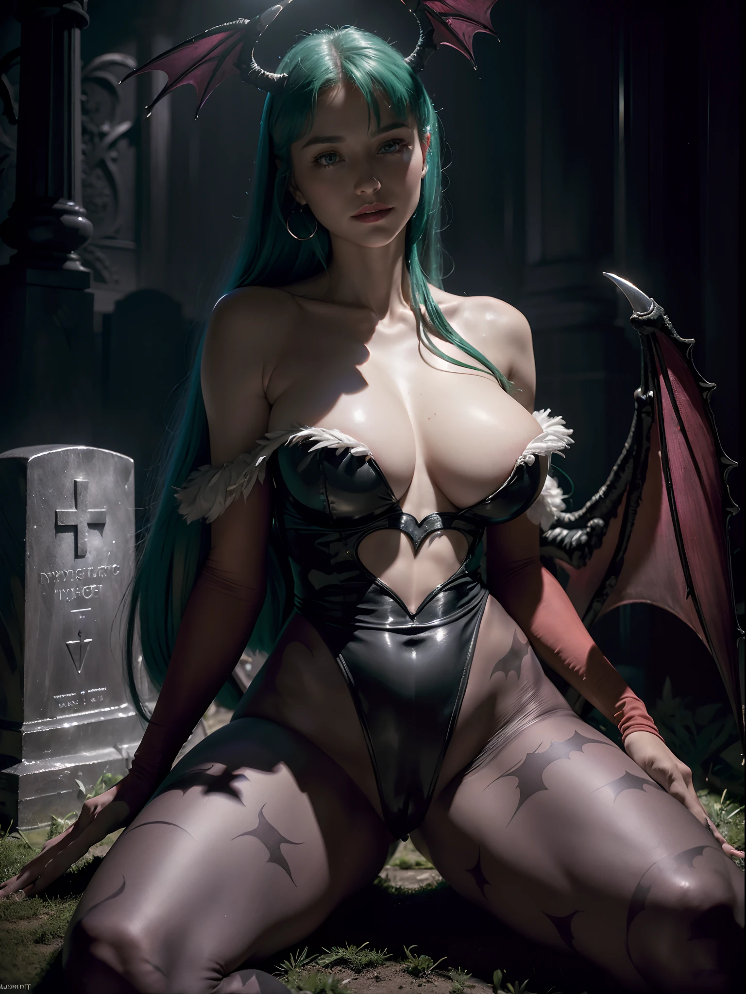 ((Masterpiece)), (high resolution:1.4), (sitting on a grave:1.5), morrigan aensland, looking at viewer, beautifull smile, graveyard at night background, dark casttle outside, beautiful face, highly detailed skin, skin pores,(highly detailed face:1.1), (highly detailed eyes:1.1), realistic pupils, full face blush, full lips, (perfect anatomy:1.1), (perfect proportions:1.1), (photography:1.1), (photorealistic:1.1), volumetric lighting, dynamic lighting, real shadows, (highres:1.1), sharp focus, rembrandt lighting, (realistic, hyperrealistic:1.4), intricate, high detail, dramatic, subsurface scattering, big depth of field, vivid, polished, sharpened, ((full Sharp)), (extremely absurdres),16k hdr,