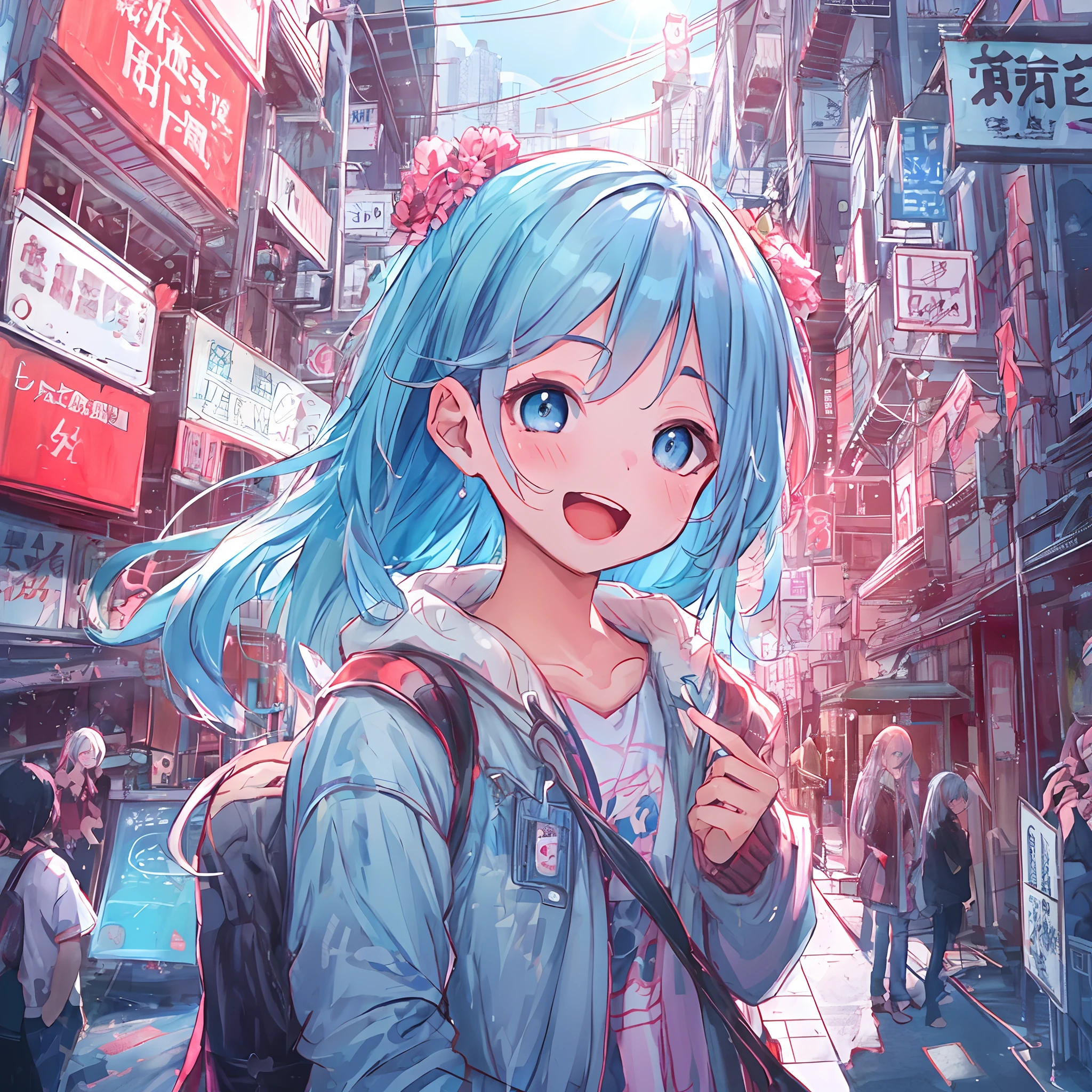 absurderes, hight resolution, (Anime style:1.1), ((masutepiece)), ((Best Quality)), (Ultra-detailed), (Beautiful), 独奏, Beautiful face、(liftup),Cute little girl standing on the street of urban red light district,Wind,Light blue hair, Blue eyes,Casual clothing,Blue sky,Laugh,Looking at Viewer,Lens Flare,Dramatic,