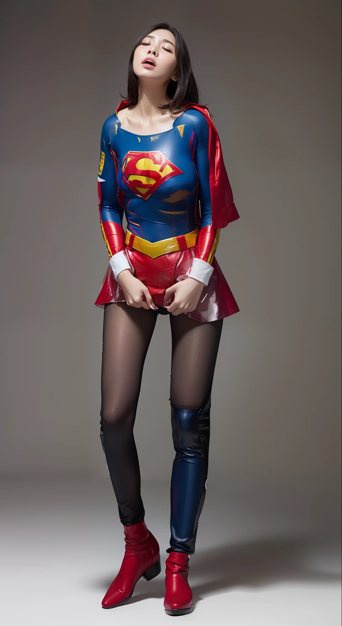 (((Make the most of the original image)))、(((Supergirl Costume)))、(((Hung)))、(((and draw the full body)))、(((Stick to weakness)))、(((Eyes closed)))、(((a short bob、lustrous dark hair)))、(((Suffering)))、(((The cloak is red)))、(((Wearing stockings)))、(((Costumes are torn to shreds)))、((Top image quality、8K))、((top-quality、8K、​masterpiece:1.3))、Crisp focus:1.2、Beautiful woman with perfect body shape:1.4、Slender Abs:1.2、((layers-Cut))、a wet body:1.5、Highly detailed facial and skin texture、