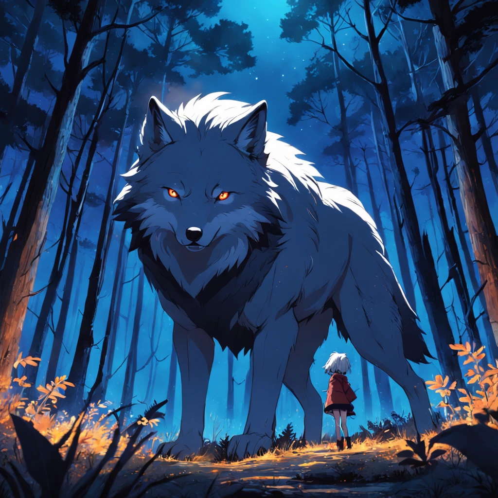 imagine um lobo que ande em um floresta a noite , que olhe a lua e intensamente
