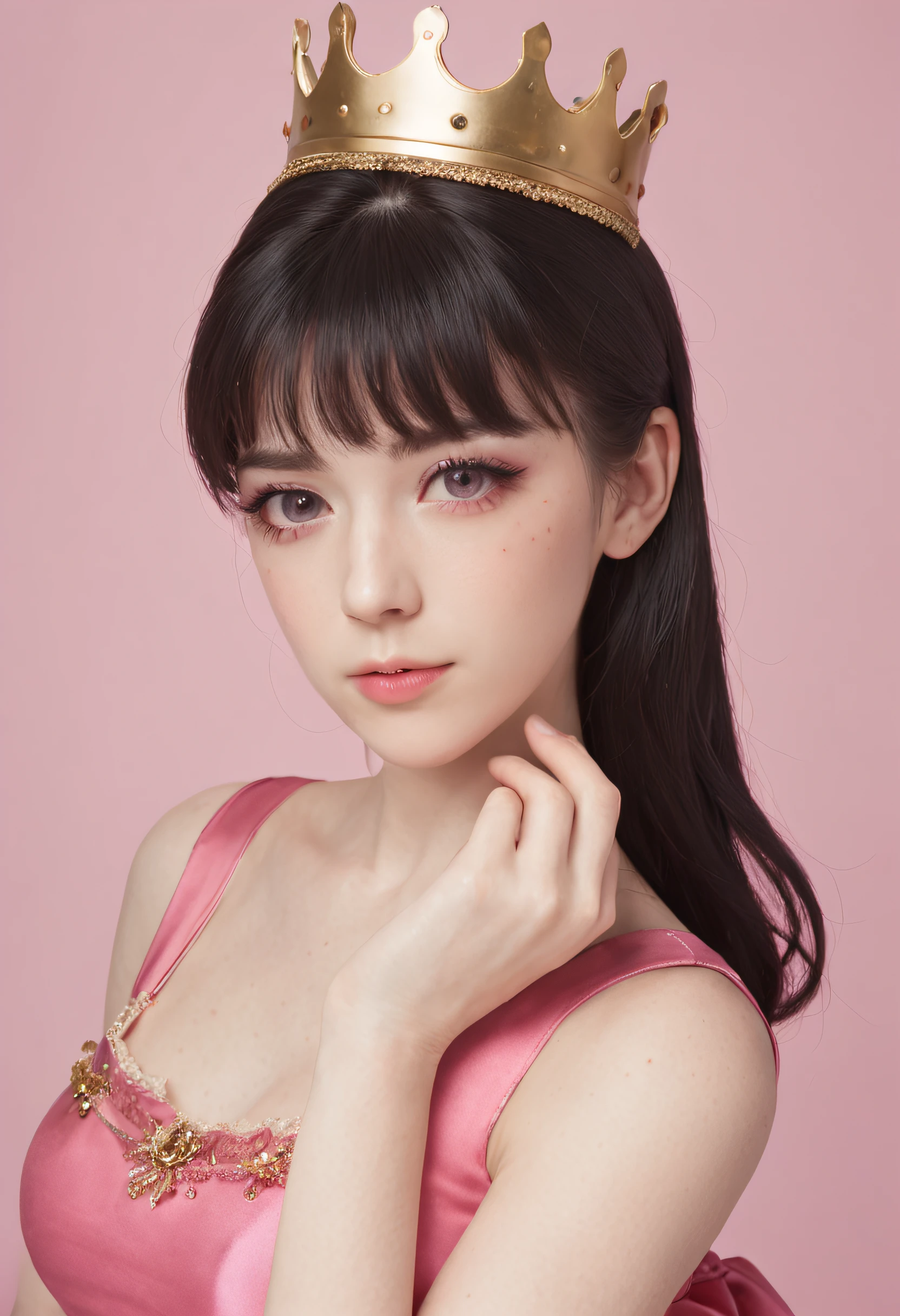 Short Girl Black Pink Eyes Pink Dress Pink 16 Years Princess Royal Dress Crown Away From Her Head Boy 16 Years Wearing Black White Hair Tends To Yellow Red Eyes Bangs Between Eyebrows Cute Boy
