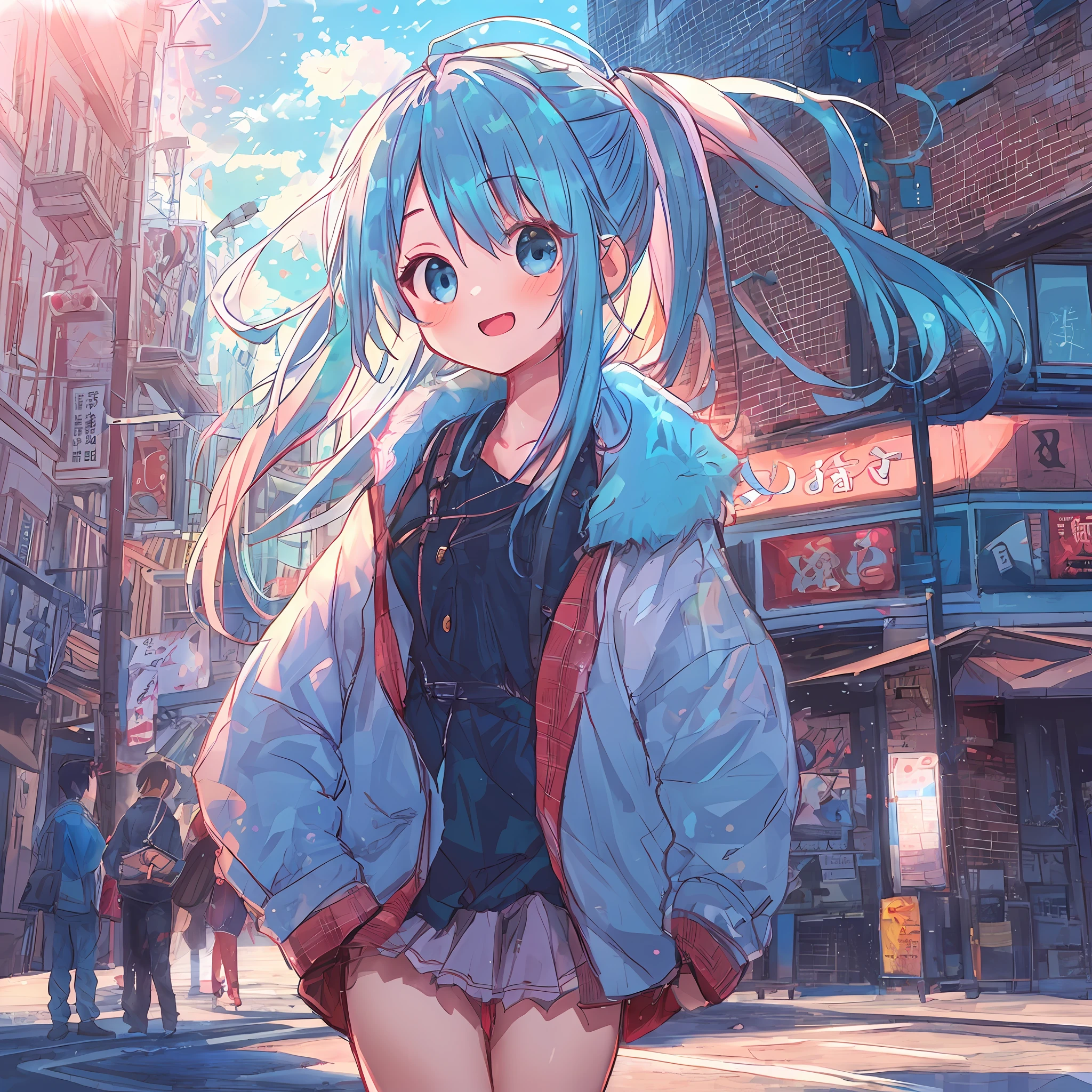 absurderes, hight resolution, (Anime style:1.1), ((masutepiece)), ((Best Quality)), (Ultra-detailed), (Beautiful), 独奏, Beautiful face、(liftup),Cute little girl standing on the street of urban red light district,Wind,Light blue hair, Blue eyes,Very Long Ponytail,student clothes,Blue sky,Laugh,Looking at Viewer,Lens Flare,Dramatic,