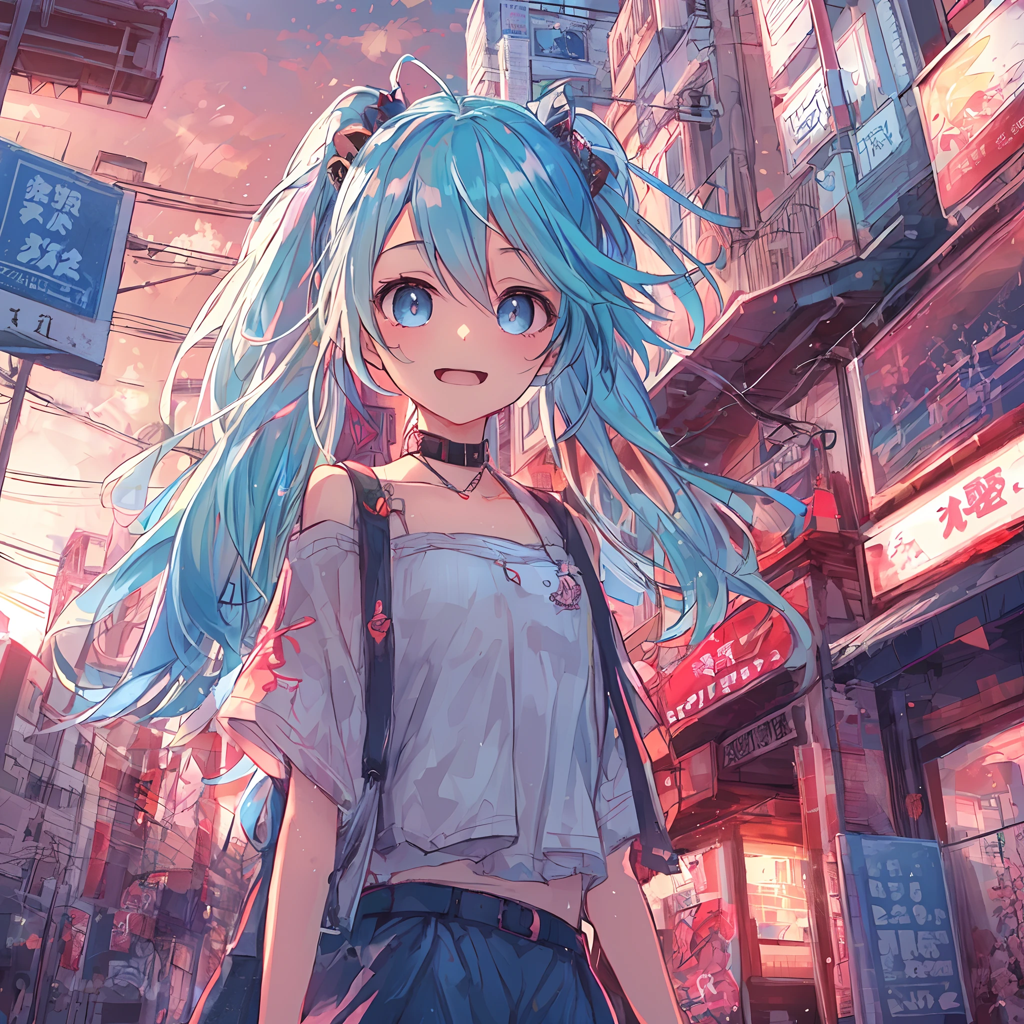 absurderes, hight resolution, (Anime style:1.1), ((masutepiece)), ((Best Quality)), (Ultra-detailed), (Beautiful), 独奏, Beautiful face、(liftup),Cute  girl standing on the street of urban red light district,Wind,Light blue hair, Blue eyes,Very Long Ponytail,student clothes,Blue sky,Laugh,Looking at Viewer,Lens Flare,Dramatic,