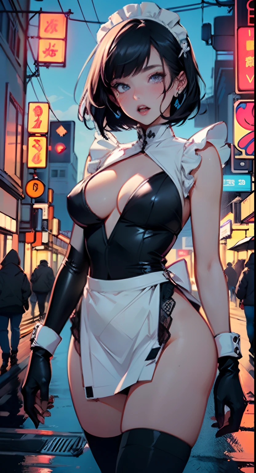 maid girl,(((1girl))),((anime maid girl with extremely cute and beautiful black hair walking seductively down the street)),

(large breasts:1.4),bountiful breasts,fluffy breasts,H cup bust,bust up,bulging bust top,(((black bob hair:1.35,colored inner hair,short hair,ear breathing))),((heterochromia,eye1 blue,eye2 purple,perfect eyes,upturned eyes:1.3,beautiful detailed eyes,finely detailed beautiful eyes:1,big highlight on eyes:1.2,slanted eyes)),((fat)),(((lustrous skin:1.5,bright skin: 1.5,skin tanned,shiny skin,very shiny skin,shiny body,plastic glitter skin,exaggerated shiny skin))),(spider lower abdomen,narrow waist,wide hip,athletic body,inflated legs,delicate detailed fingers,detailed body,detailed arms,human hands,(detailed face)),

cute,slutty,seductive,erotic,(((nsfw))),

zettai ryouiki,(maid headdress),maid uniform,Headdress,(maid),sleeveless,mini skirt,boots,cleavage cutout,bare legs,clothes with a lot of lace frills,(detailed outfit,detailed clothes),

(dynamic pose:1.0),solo focus,embarrassed,blush,sweat,((tears,open mouth)),moist eyes,centered,scale to fit dimensions,Rule of thirds,

outdoors,((night view)),(very pretty city neon synthwave,cyberpunk night street Background:1.5,dark sky,thick clouds),future vehicles,((neon lights)),thick clouds,(cyberpunk style,neon lights, (synthwave theme background), lonely street),(((detailed background:1.25))),

(best quality),(high resolution),(sharp focus),(ultra detailed),(extremely detailed),(extremely high quality artwork),8k_wallpaper,(extremely detailed CG 8k),(very fine 8K CG),((hyper super ultra detailed perfect piece)),flawless,(((masterpiece))),illustration,vibrant colors,(intricate),High contrast,Selective lighting,Double exposure,HDR (High Dynamic Range),Post-processing,Background blur,