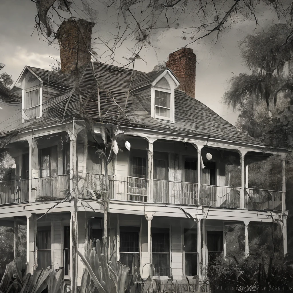 Southern house in mid of Mississippi jungles ,with light steak on the roof and shadows shattered all over around the house , cinematic footage, 8k, black& white, 70 mm Camera, --auto --s2