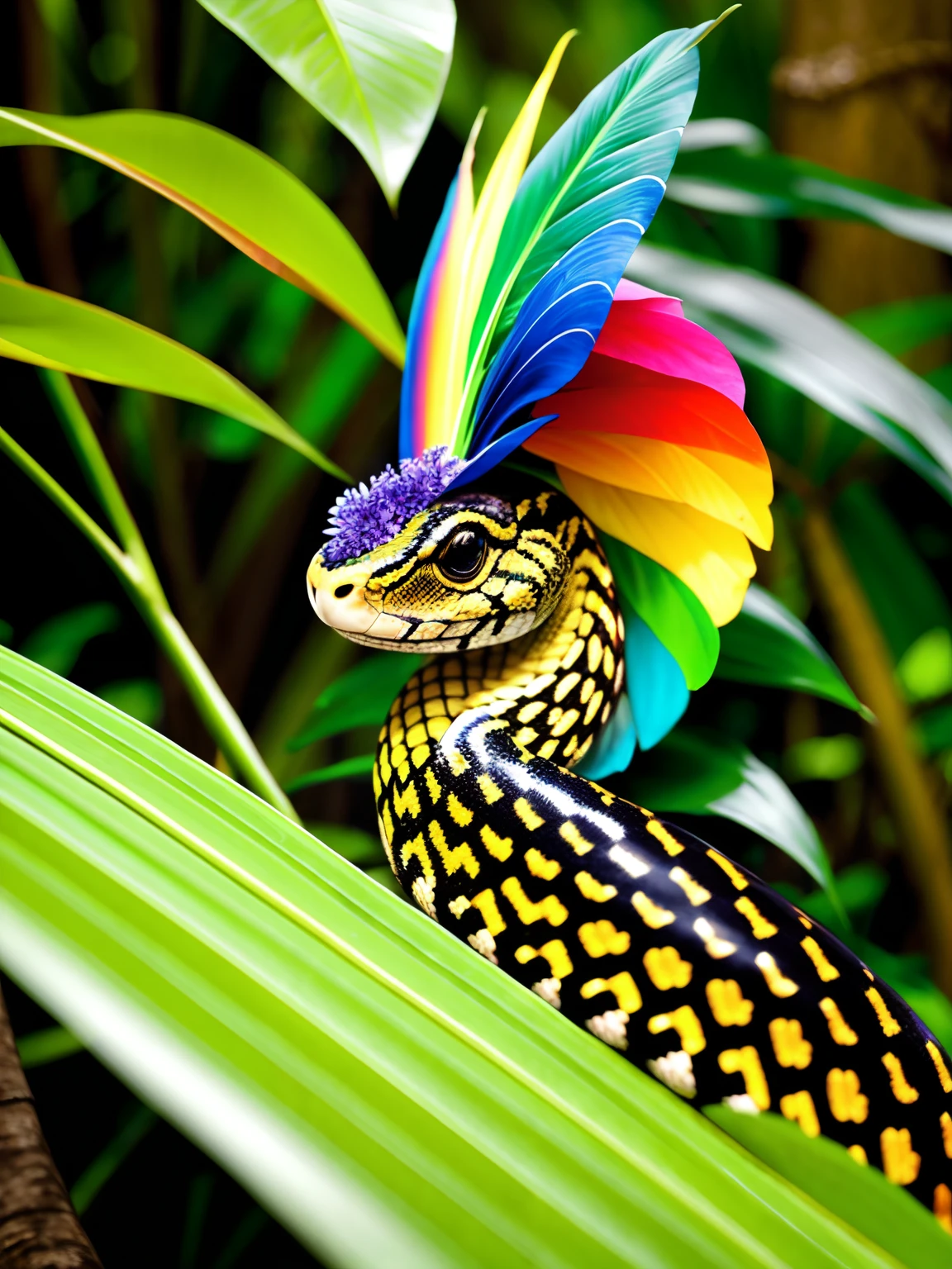 "Describe a magical scene in the rainforest, where an exotic snake is elegantly wrapped around a cocoa tree. The snake wears a magnificent headdress, adorned with vibrant rainbow cores that stand out against the lush green of the jungle. Detalhe as texturas das escamas da serpente refletindo a luz filtrada pelo dossel da floresta. Explore how the colors of the headdress contrast and harmonize with the surrounding vegetation, creating a charming and surreal setting. Convey the sense of mystery and beauty that permeates this unique scene. "