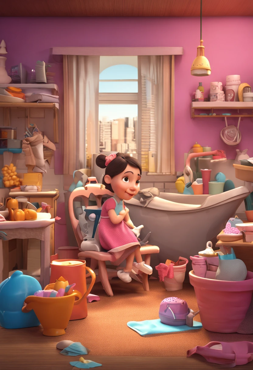 Make in 3D cartoon style Create a scene of Cinderella's everyday life, with her sweeping the floors and washing clothes. Show the half-sisters relaxing while Cinderella works, highlighting the difference in their lives.