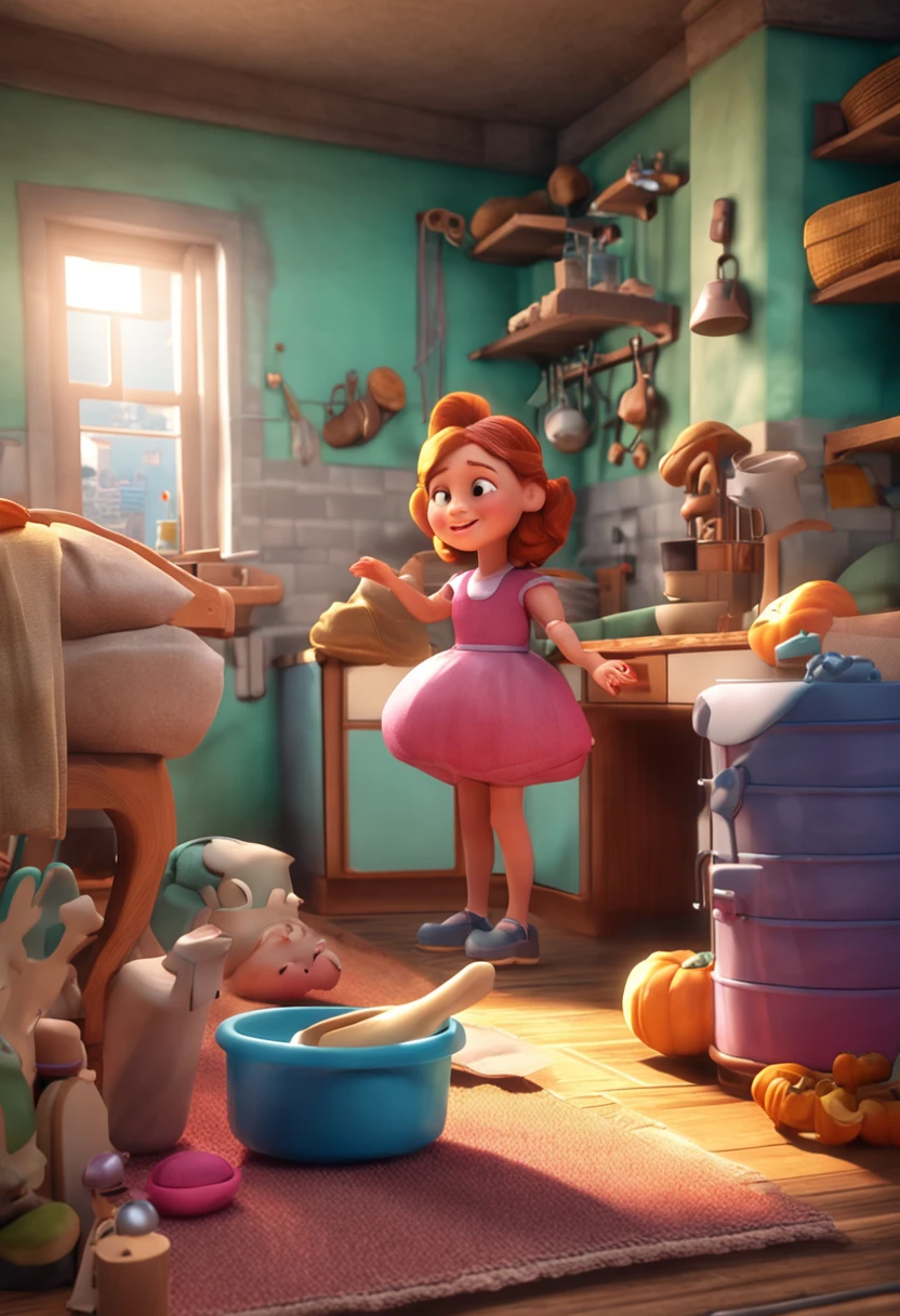 Make in 3D cartoon style Create a scene of Cinderella's everyday life, with her sweeping the floors and washing clothes. Show the half-sisters relaxing while Cinderella works, highlighting the difference in their lives.