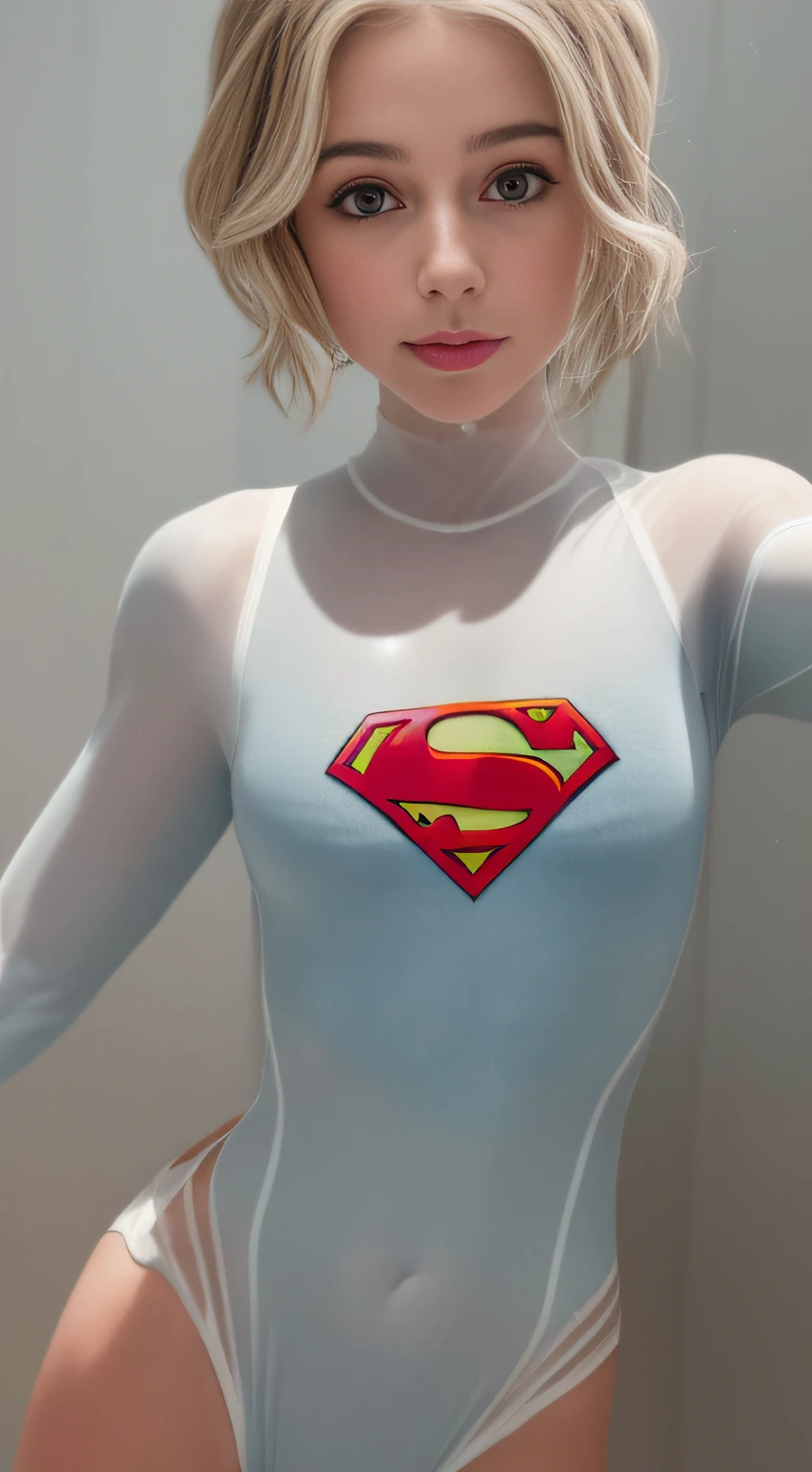 (8k, qualidade superior, melhor qualidade, obra-prima, altamente detalhado: 1.2), ((supergirl)), 1 mulher (25 anos), vestindo camisa de namorado e calcinha, Does not wear bra and nipple narching blouse, seios fitmes, (camisa nua, puxador de camisa), bashful, meio-dia, inferior, (((cabelo branco))), cabelo verde, ((roupas apertadas, see through, camelo, Bodysuit, topless))