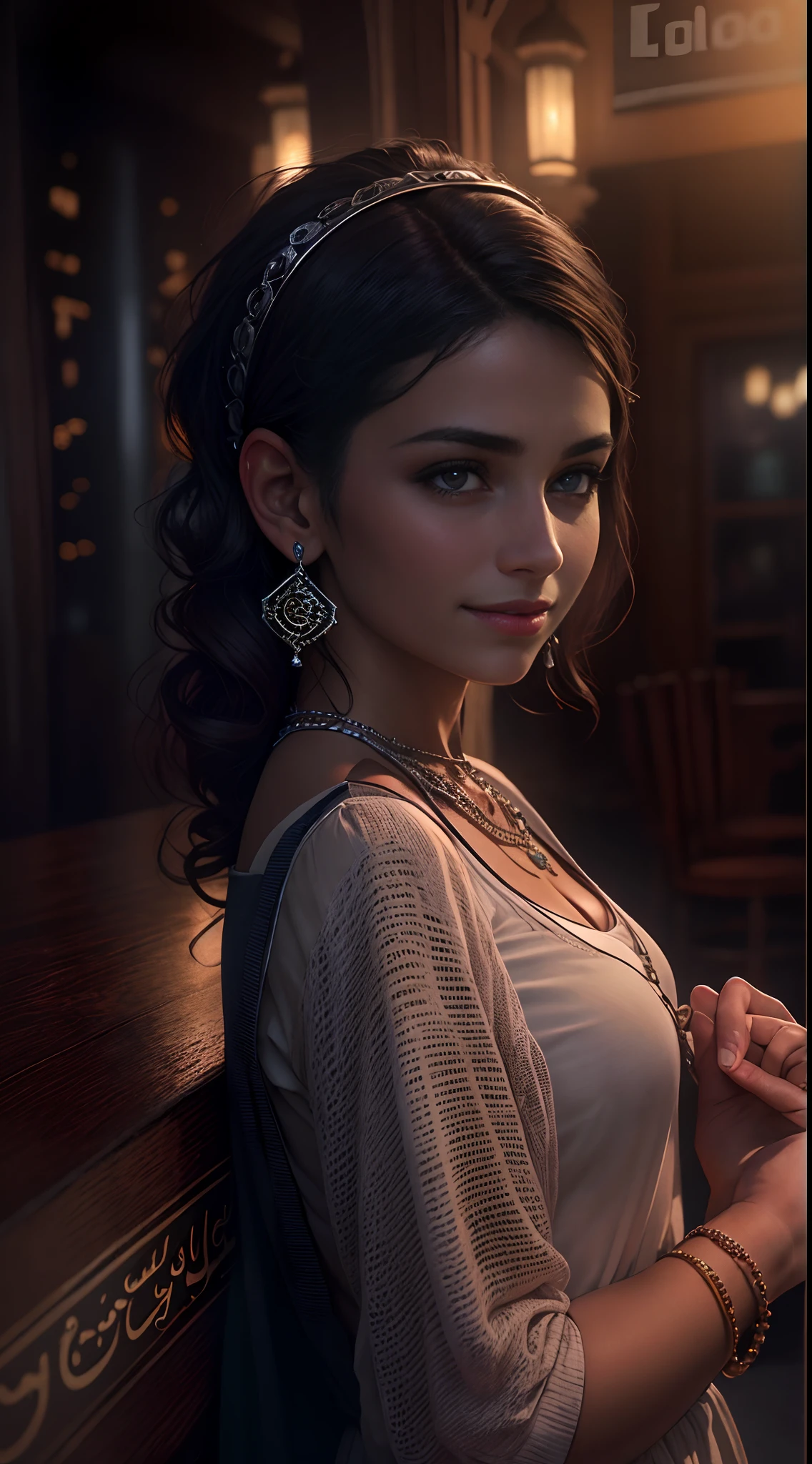 Best quality, masterpiece, ultra high res, (photorealistic:1.4), raw photo, 1girl, Arabian girl, in the dark, deep shadow, low key, cold light, teasing smile, Necklaces, Bracelets, Hair Accessories, Earrings, Headbands, pub, bar, night, Dubai,