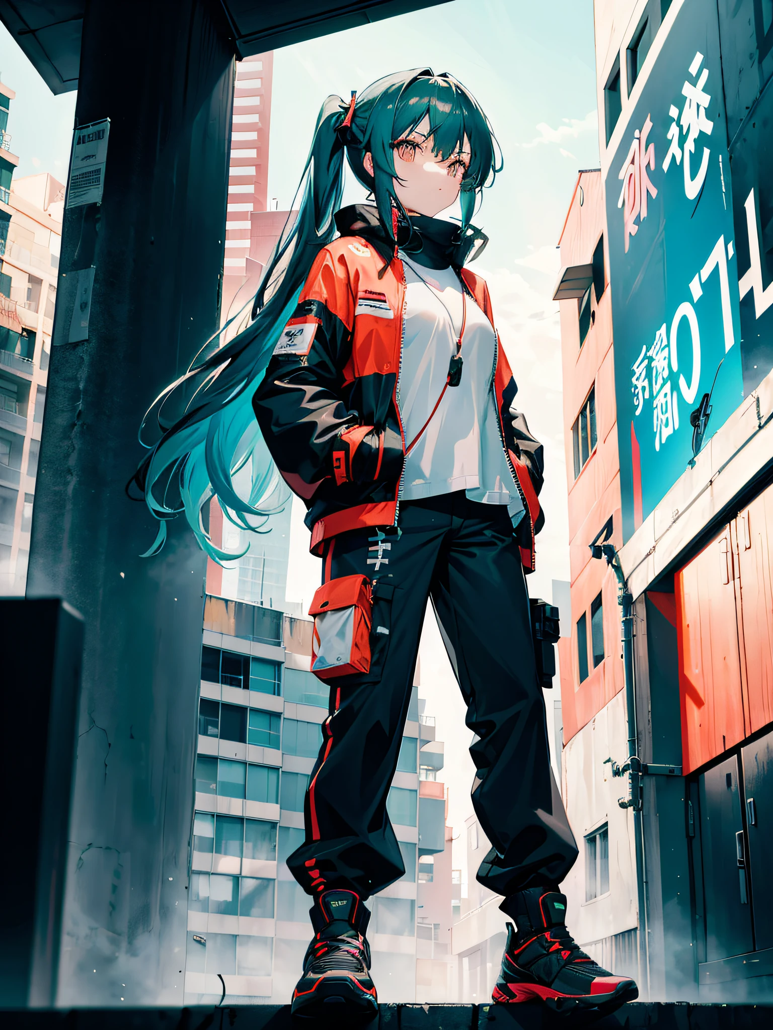 1girl, long teal hair, 2ponytails, white eyes, wearing salmon techwear shirt, black techwear jacket, black techwear cargo pants, boots, cybepunk city, absurdres, high res, ultrasharp, 8K, masterpiece, looking at viever