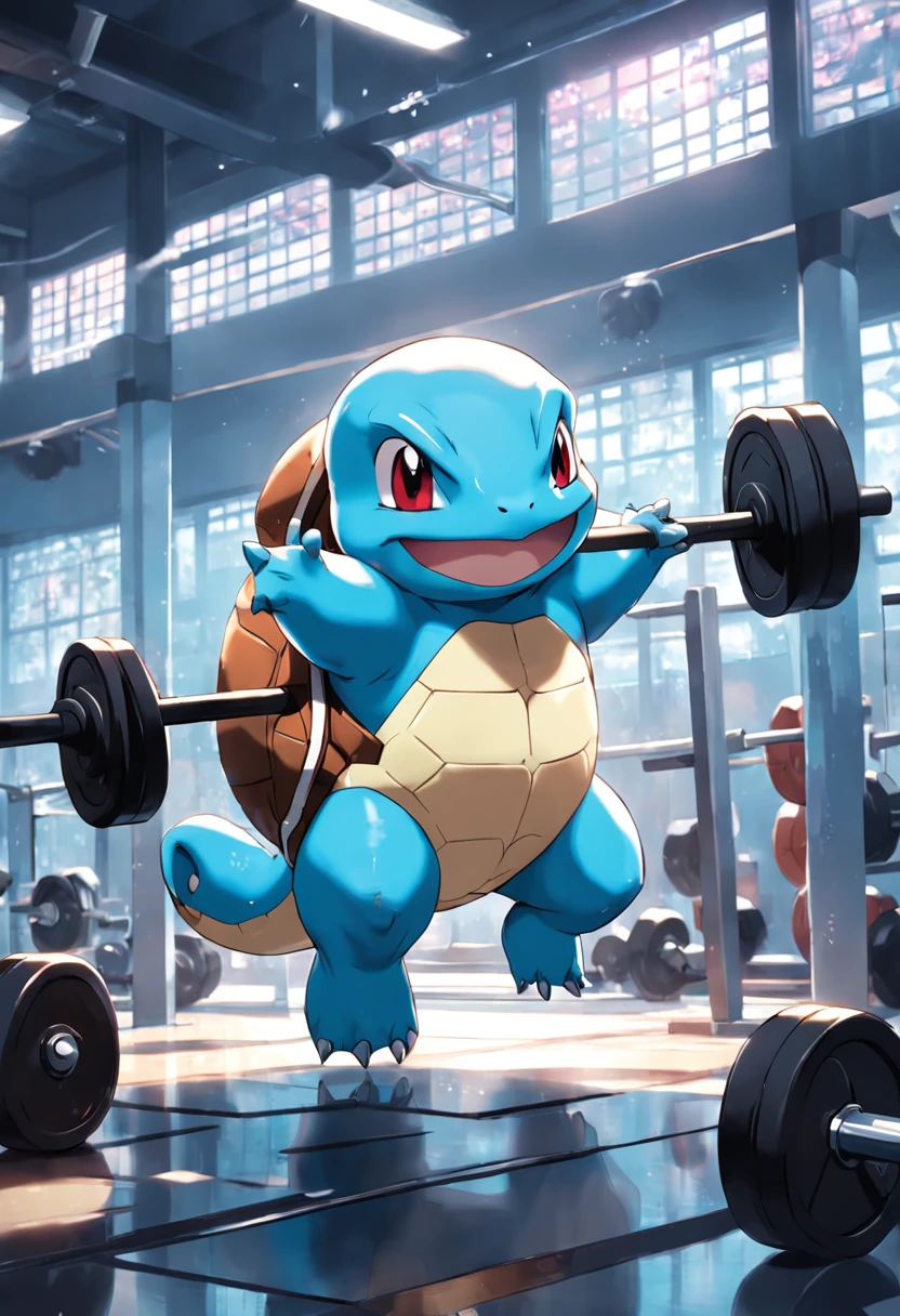 A Squirtle doing intensive weight training in a gym.
