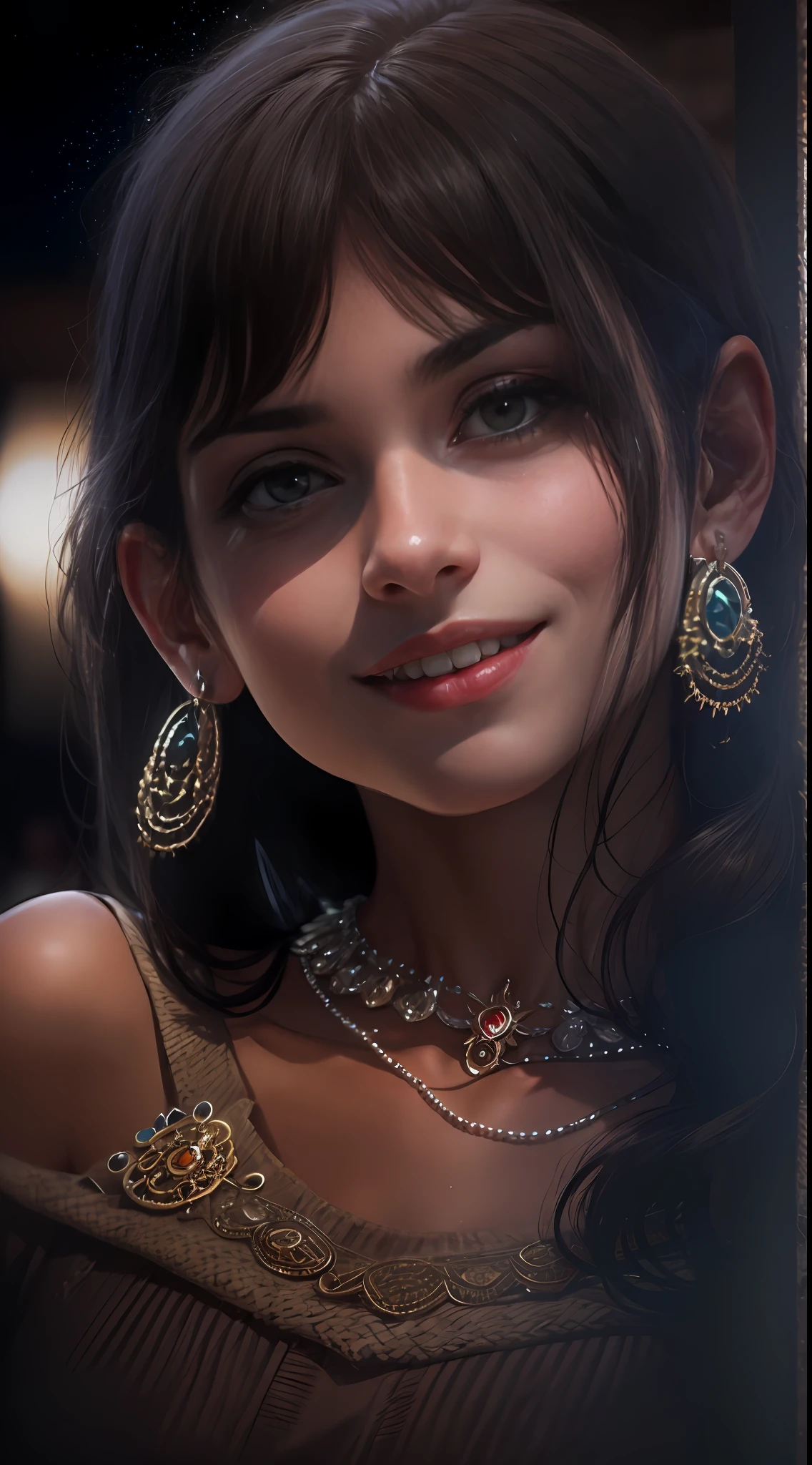 Best quality, masterpiece, ultra high res, (photorealistic:1.4), raw photo, 1girl, Arabian girl, in the dark, deep shadow, low key, cold light, teasing smile,  Necklaces, Bracelets, Hair Accessories, Earrings, Headbands, pub,  bar, night, Dubai,
