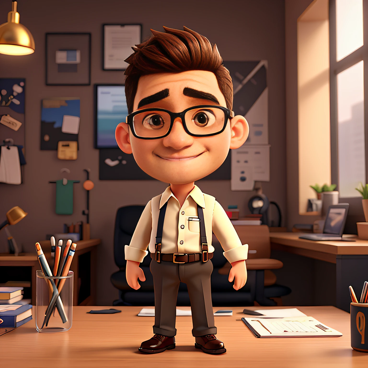 Cute small 38-years-old male investor , huge head, shot Undercut hair , wearing Round gold thin frame glasses, highly detailed eyes,front-facing, fit, looks like a boss, full body view, highly detailed hands ,Toy figures,best quality, 3d cartoon,full body view, fantasy, dreamlike, surrealism, super cute, trending on artstation