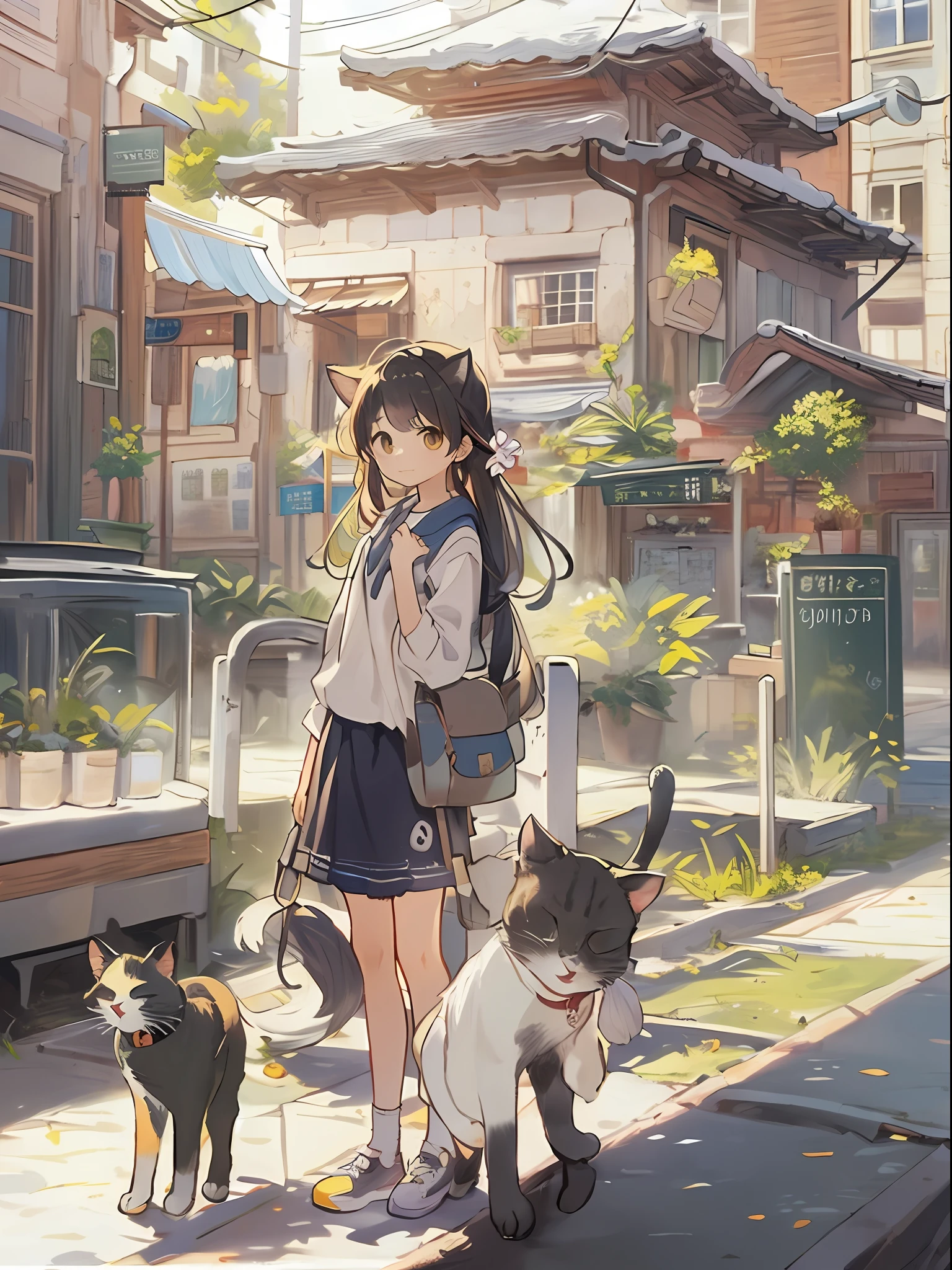 top-quality、Masterpiece、８k、Accompanied by a cat（（Cute cat））、the morning sun、A city scape