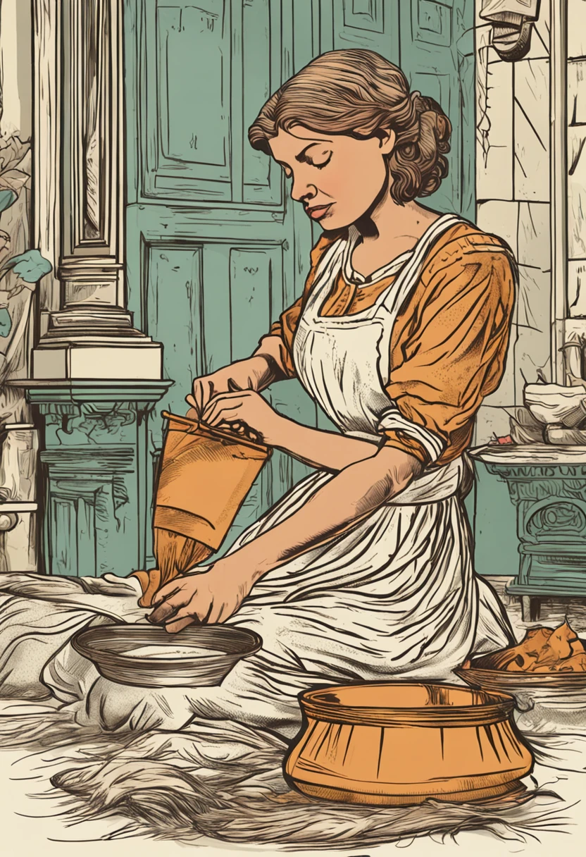 Crie uma cena da vida cotidiana de Cinderela, with her sweeping the floors and washing clothes.
Detail Cinderella's hands calloused by hard work and her determined face.
It shows the half-sisters relaxing while Cinderella works, highlighting the difference in their lives.