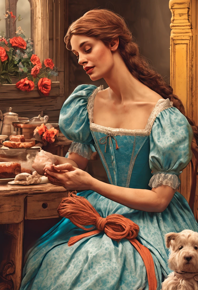 Crie uma cena da vida cotidiana de Cinderela, with her sweeping the floors and washing clothes.
Detail Cinderella's hands calloused by hard work and her determined face.
It shows the half-sisters relaxing while Cinderella works, highlighting the difference in their lives.