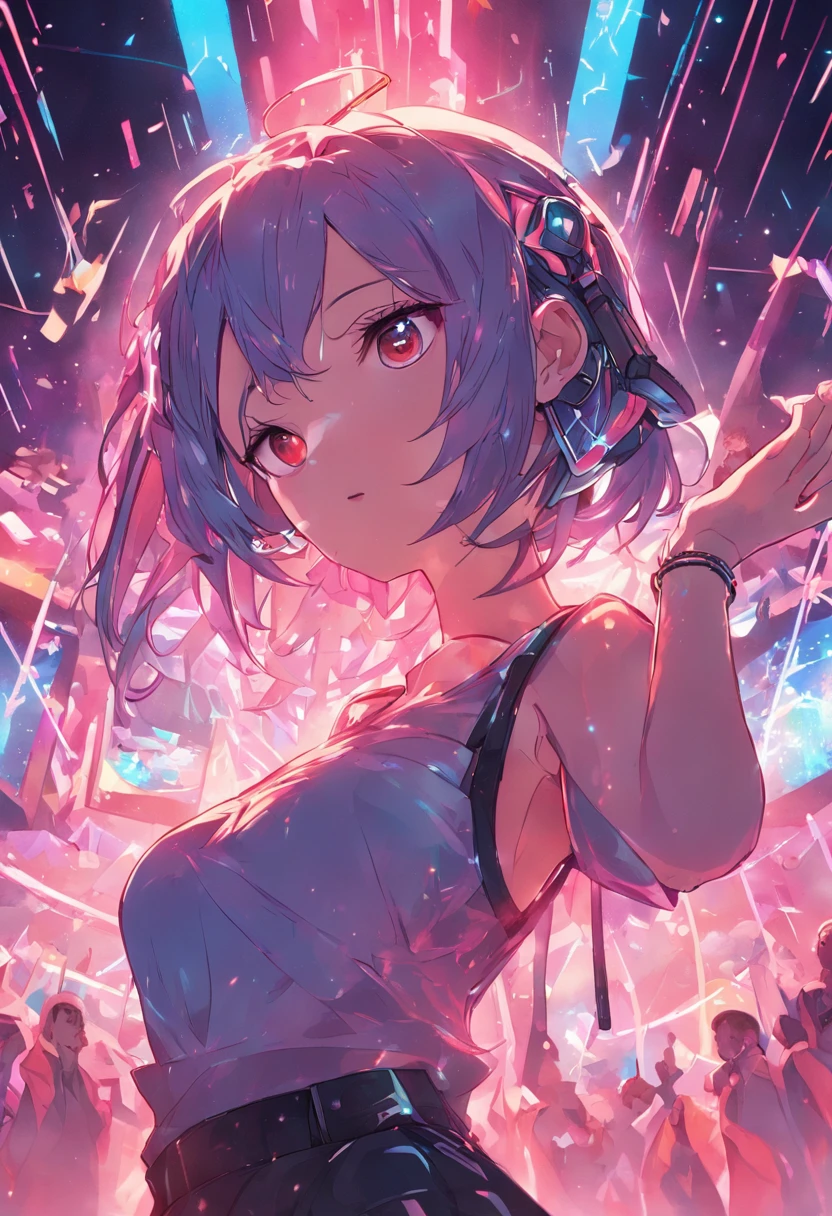1 girl, (Chinese:1.2), DJ, (20 anos), music, toca-discos, headphones on head, (cabelos coloridos:0.8), Energetic, confiante, clima de festa, boate, dance floor, (neon lights:1.3), techno music, alta energia, (maquiagem brilhante:0.9), roupa elegante, (topo de corte:0.7), (leather pants:0.6), (sneaker:0.8), (Tatuagens:0.7), misturando batidas, (Salto:1.1), crowd, (excited expressions:0.9), desempenho cativante, (luzes de palco vibrantes:1.2), atmosfera intensa, (smoking machine:0.8), (confete:0.7), (EFEITOS VISUAIS:1.1), (hands in air:1.3), (Edm:0.9), energy poses, (plano de fundo da pixel art:1.4), (Woofers:0.8), (Cabine de DJ:1.2), Casa noturna, (lighting effects:1.1), (party crowd:1.3), Electronic Dance Music. --AR 9:16 --q 1 --v 5.2 --AR 9:16 --Q 1 --Niji 5